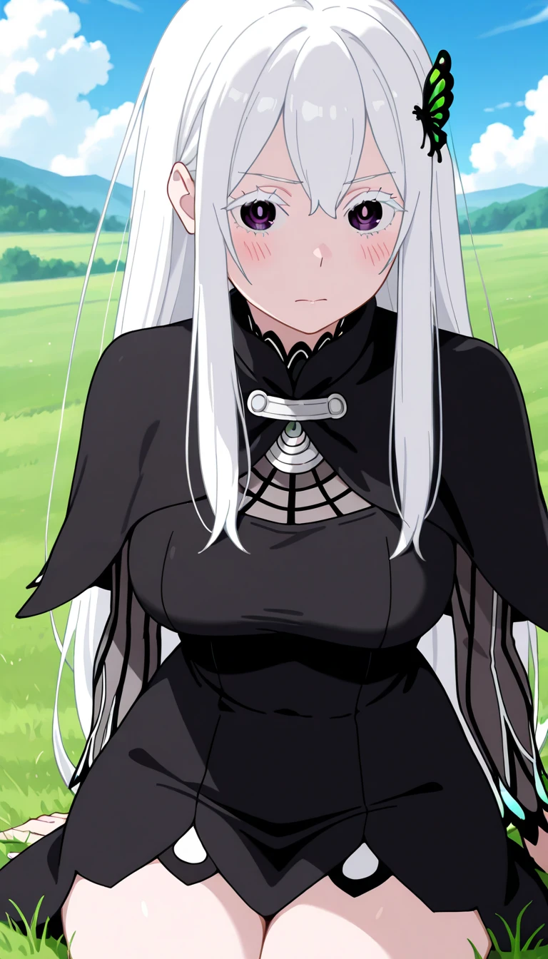 (masterpiece, best quality, detailed), 1girl, solo, outdoors, night, dark, forest, wavy mouth, open mouth, looking at viewer, shaded face, , , against tree, lavinia whateley \(fate\), polka dot bow, black dress, ((constricted pupils)), eyebrows hidden by hair, dutch angle, huge breast, standing , curvy, thicc, full body, boots, full body