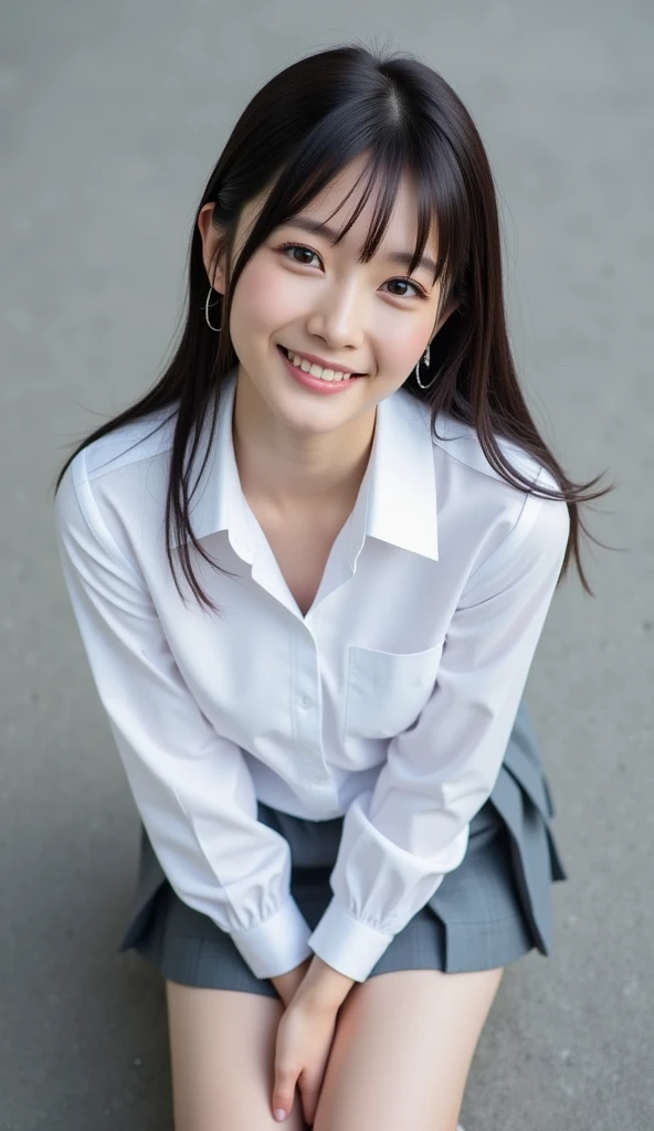 18 year old female、((school clothes))、white shirt、navy blue mini skirt、shower room、smile、8K,Ultra high definition,highest quality,masterpiece,master piece,photorealistic,(1 girl:1.2),beautiful features,high school girl,