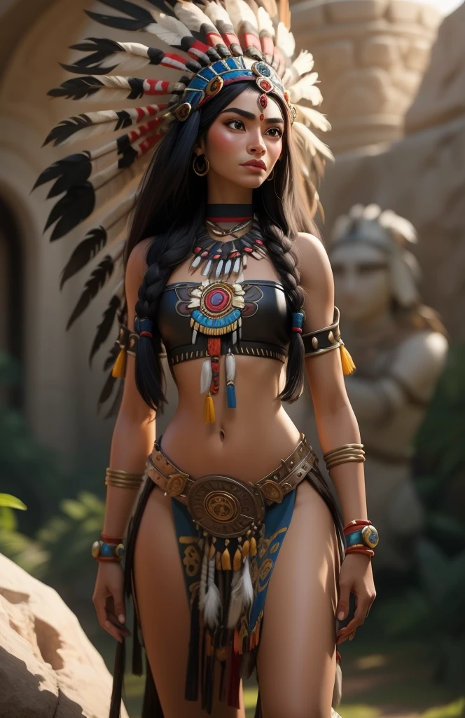 masterpiece, best quality, masterpiece, godlike quality, godlike art, highly detailed face, highly realistic, (((native American))), woman, black hair, long hair, ((red bustier)), long boots, black boots, long gloves, black gloves, coco skin, city scape background , standing, hands on hips, red top, red panties , 1woman , curvy