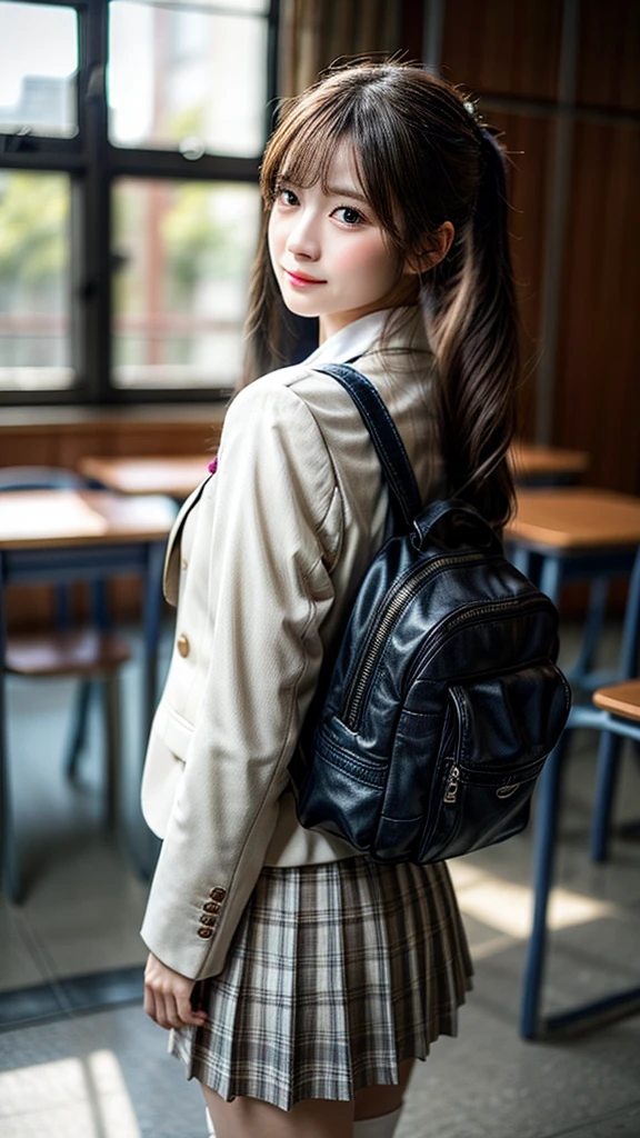 Stand in the classroom of school2fashi-girl,red tie uniform,Dark Blue Closed Blazer,Blue plaid mini skirt,18-year-old,bangs,a little smile,thighs,knees,from below,random pose,pretty girl,slender girl,white panties,blonde with short cut,Side waves with a short cut,Carrying a black rucksack,