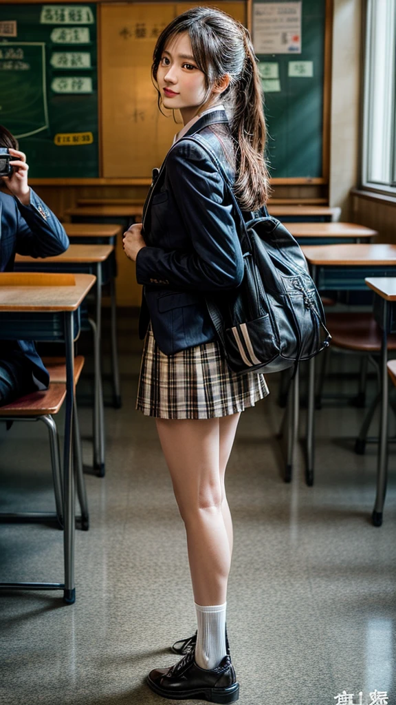 NSFW, 8K RAW Photo, Best quality, Masterpiece, Ultra high resolution, Film grain, Footage, 1 girl, Brown skin, Looking at viewer, Natural skin texture, Realistic eye and face details, Full lips, Lipstick, (makeup), long fluffy hair, messy hair, smile, closed mouth, beautiful legs, tall woman, slim, thin legs, alone, pose, ultra-short skirt, shirt, classroom location, (detailed background), skirt plaid, wet white shirt, loafers, blurred background, blurred, holding, plaid, short sleeve, JK ribbon on neck, JK ribbon, black hair, bracelet, water, bangs, school uniform, jewelry, parted lips, lips,  back, ass, sitting, raised skirt, pleated skirt, upper skirt, depth of field