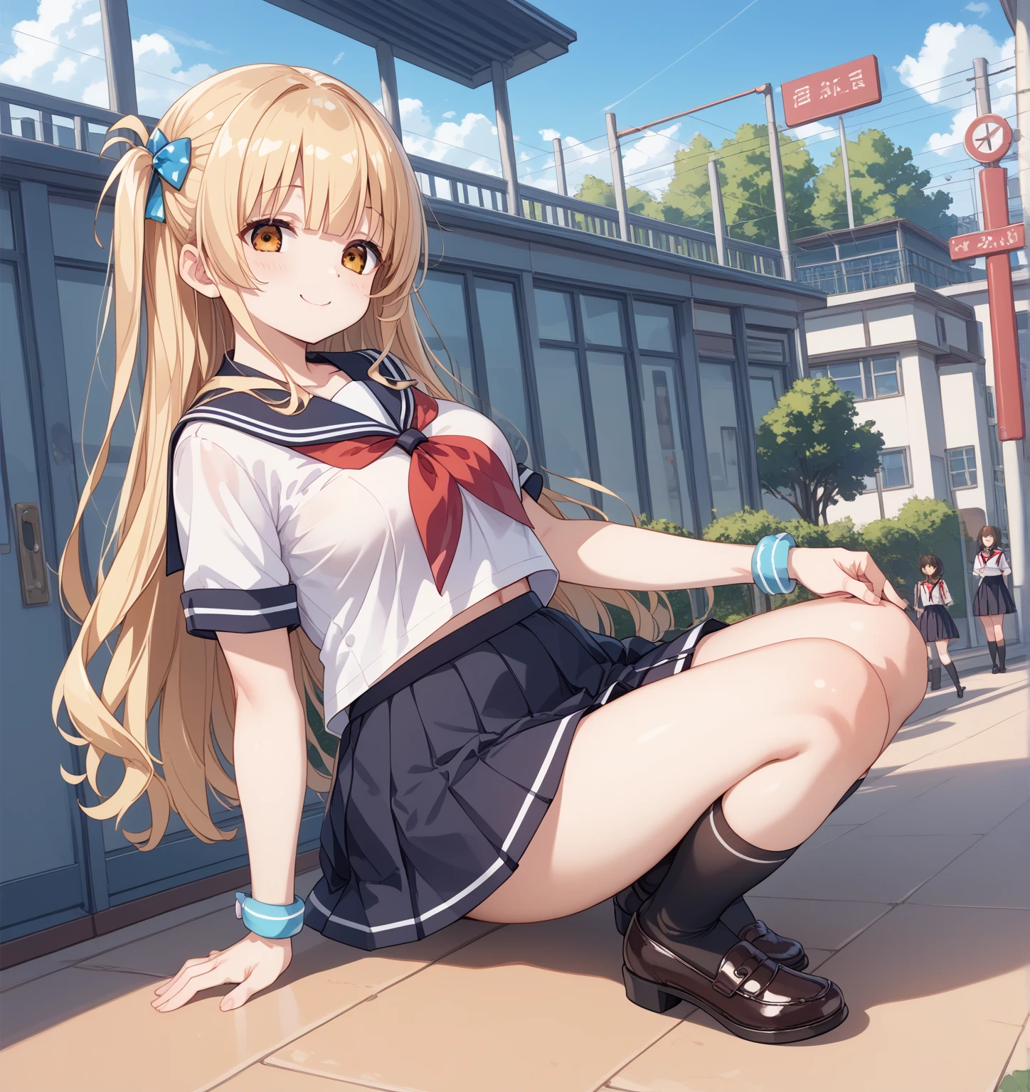 highest quality、High resolution、detailed background、beautiful and detailed face、beautiful and smooth skin、skin texture、professional lighting、Beautiful  girl、multiple women、sexy sailor suit cosplay、mini skirt、ponytail、Look at me happily、
squat down、I can see my underwear when I squat down.、show night vision trip、panty shot、
big ben、tower of london、British Museum、Buckingham Palace
