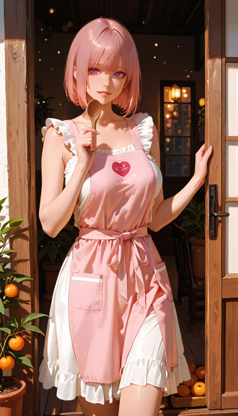 2girls,aprons,NAKED Apron,Heart print,hindquarters,Best quality,Highly detailed,A high resolution,8K,Realistic,Focus,Depth of field