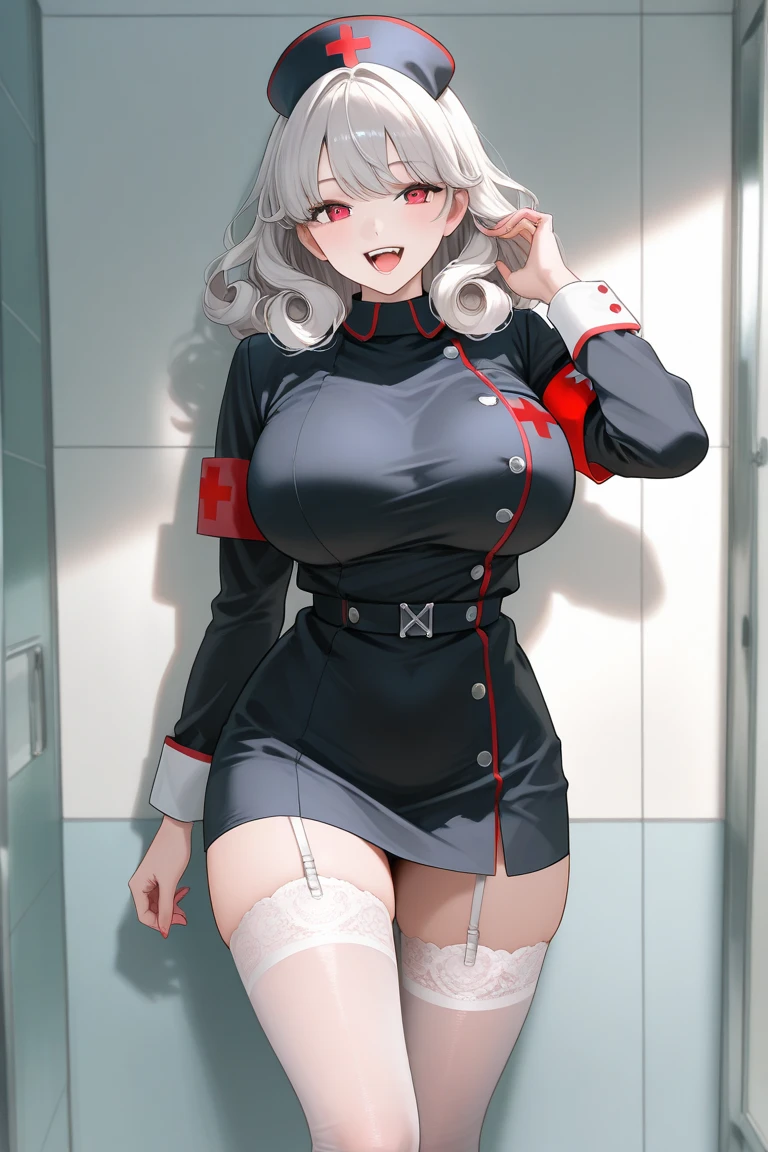 masterpiece, best quality, high_resolution, fine detail, very detailed and beautiful, distinct_image, 1 girl, solo, silver-haired, red eyes, dragon horns, (huge), (),hospital,curvy, ,(nurse costume),thighhigh,