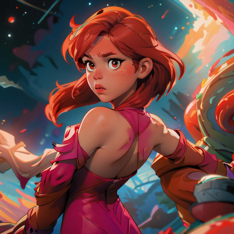 Short chubby young adult female with heterochromia one amber eye, one blue eye, wearing pink dress with strawberries on it, has flowing brown hair, has bunny ears, solo, alone