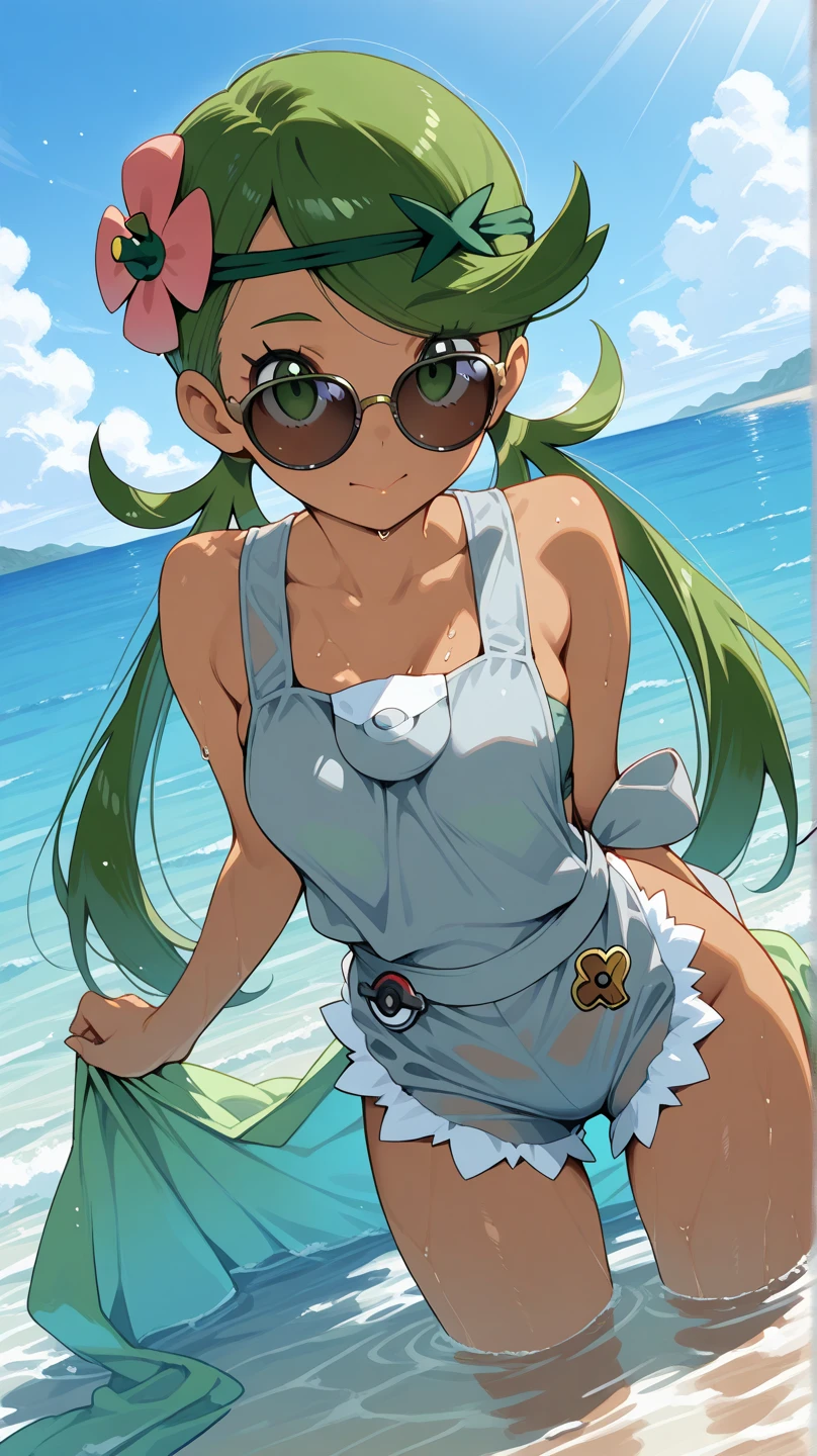 (Masterpiece), Best Quality, ultra-detailed, 1girl(zodiac_mallow , lovely small breasts, dark skin , green hair, long hair, twintails, headband, pink flower in hair, green eyes, ) , wicked smile, solo, head tilt, , t-shirts(loose,wet, see-through) , white panty , outdoor, river, jump, diving, dive into a river, hands up