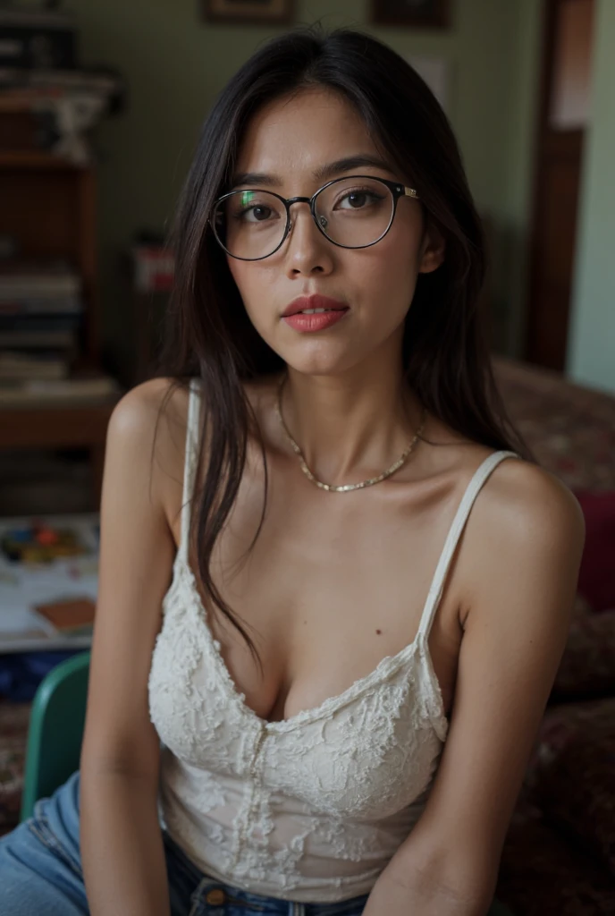 a cute tan Chinese girl wearing glasses, jeans, beautiful detailed eyes, beautiful detailed lips, extremely detailed face, long eyelashes, photorealistic, 8k, ultra-detailed, physically-based rendering, vivid colors, professional photography