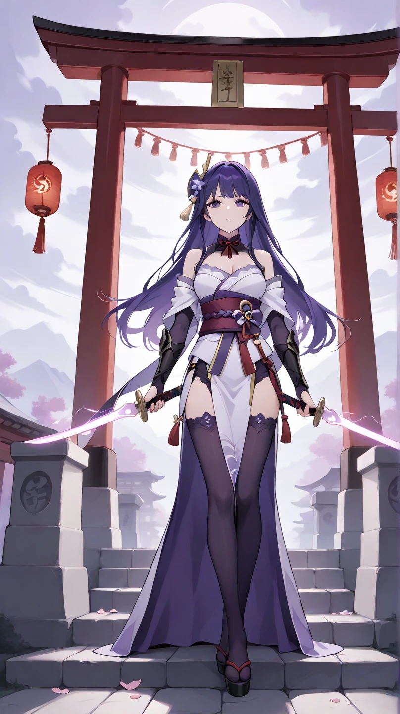 4K,hight resolution,One Woman,Bright purple hair,Longhaire,Blue eyes,Colossal tits,samurais,Samurai armor,Japanese Katana Sword,Japan castle town,daytime sky