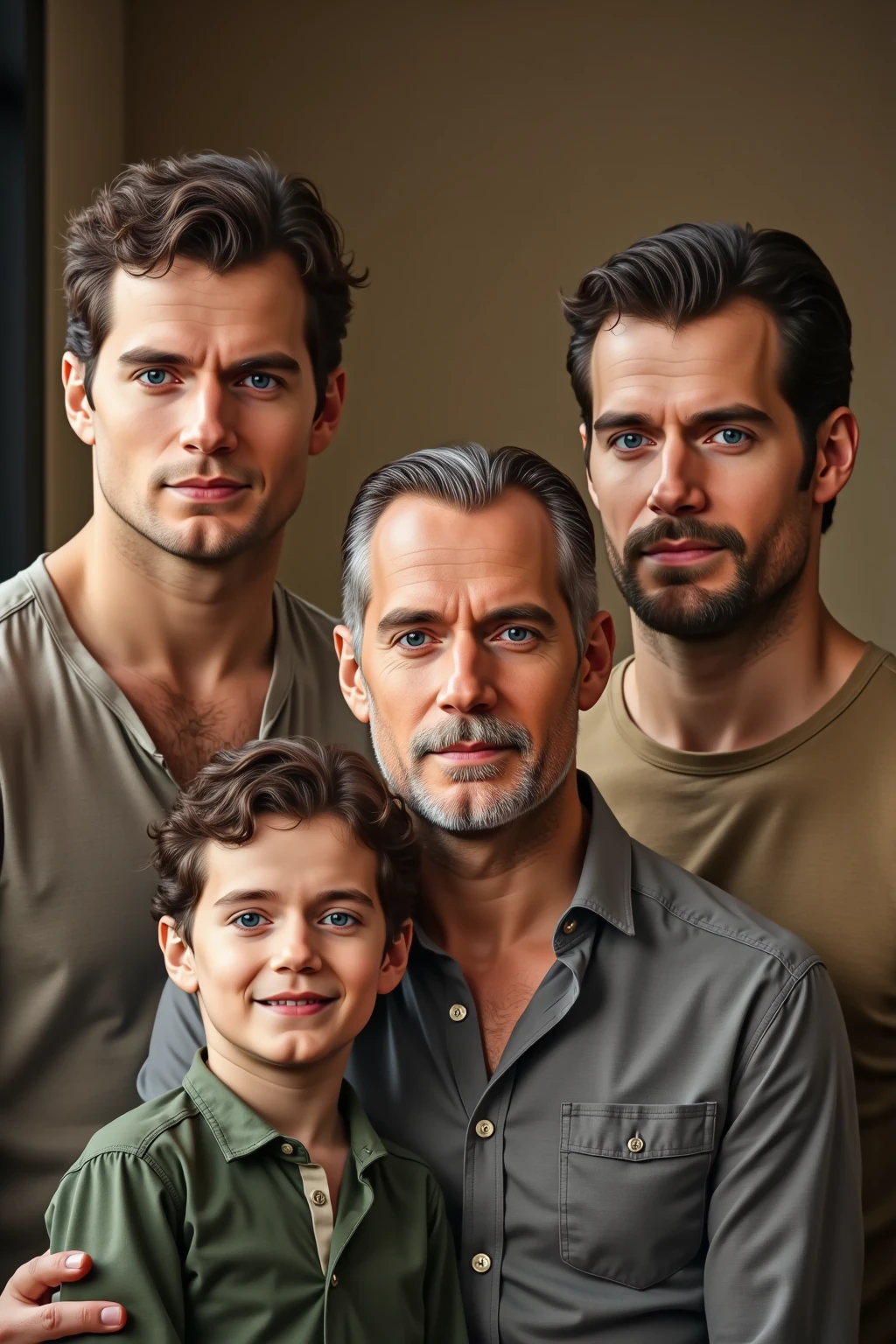 A family portrait of a father and his sons, photorealistic, extremely detailed faces with beautiful eyes, nose and lips, elegant poses, muscular bodies, large erect penises, detailed textures, cinematic lighting, dramatic shadows, digital art, hyper realistic, vibrant colors, cinematic composition