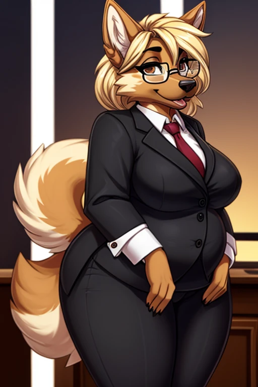 uploaded to e621.net, masterpiece, 8k, vixen, blonde, long hair, topknot, (huge bottom lip), black lip gloss, accurate hands, wide hips, (nipple outline:0.80), curvy, voluptuous, office attire, long skirt, black heels, gold jewelry, holding cellphone, ear piercings, detailed hands, standing upright, smiling, knowing smile, golden eyes, by darkgem, by meesh, (by duase:0.85)