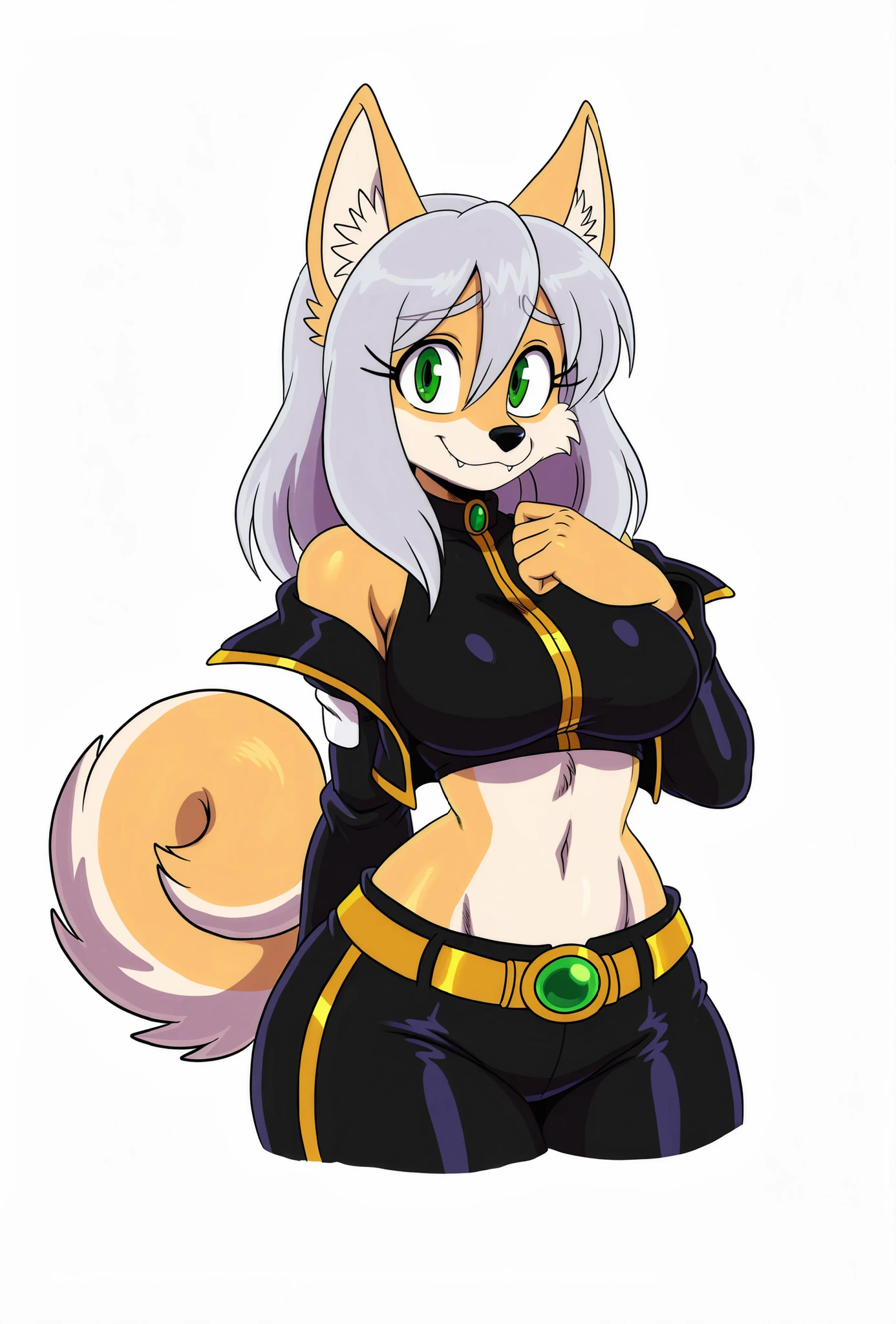 (solo), best quality, high resolution, absurdres, newest, BREAK, (adult), uploaded on danbooru, uploaded on e621, (by sssonic2, partially by skidd:1.2), by b-epon and by kadath and by zeekzag, (female), (anthro, welsh corgi and shiba inu mix), (corgi ears:1.1), (shiba inu tail:1.2), (tall woman, light brown body, white patches), straight hair, medium hair, silver hair, hair between eyes, (shy, timid and happy, closed smile, looking at viewer), green eyes, (visible cute fangs), (black jacket, black fantasy anime outfit, off-shoulder crop top and jacket, black and gold trim, belt sash, black high-waisted pants, black stylish female rogue mage attire, midriff-baring, elegant but practical, fantasy/sci-fi adventurer), (modern/sci-fi/fantasy fashion), black nose, BREAK, (beautiful, adorable), (collar with green gem), eyebrows are same color as hair, simple plain background, medium/big breasts, very slightly and subtle wide hips, neck floof, chest fluff, chest floof,
