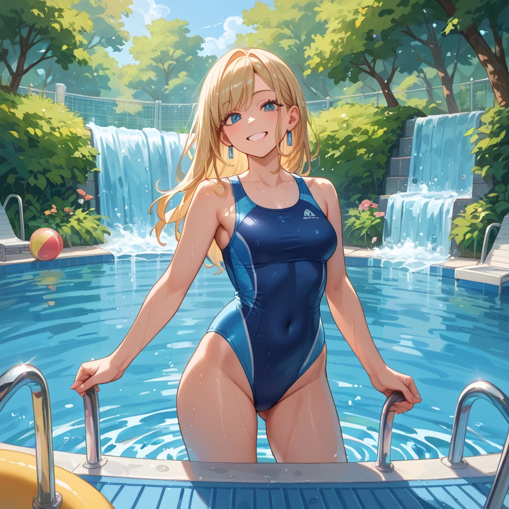 ((Highly detailed CG, anime image, art CG))((Clearly drawn face, cowboy shot))((Smiling face))(Indoor pool), Jessica Albert (Dragon Quest), 1 girl, competitive swimsuit, orange short pigtails, more prisms, vibrant colors, standing pose, full body, glamorous