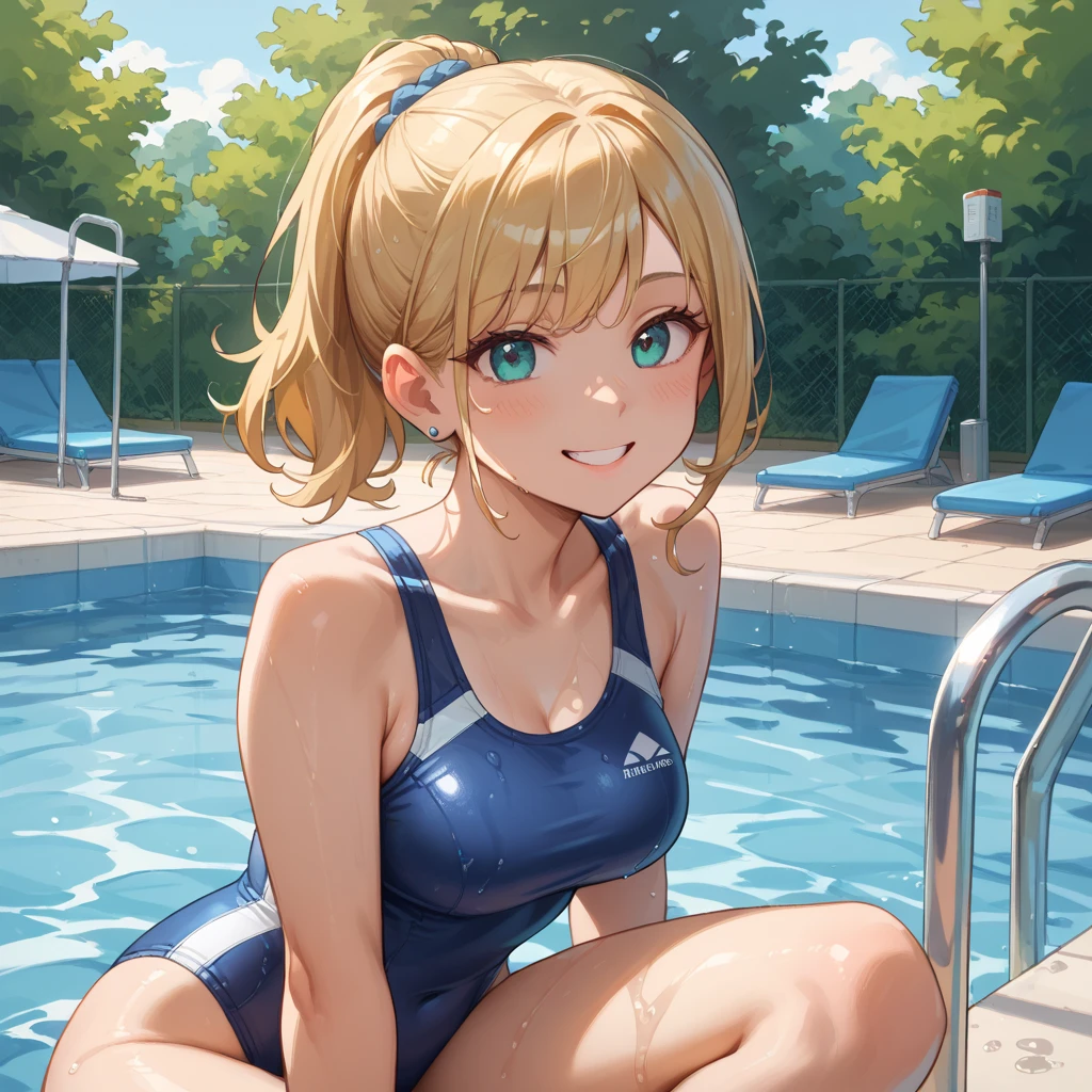 school swimsuit, pool side