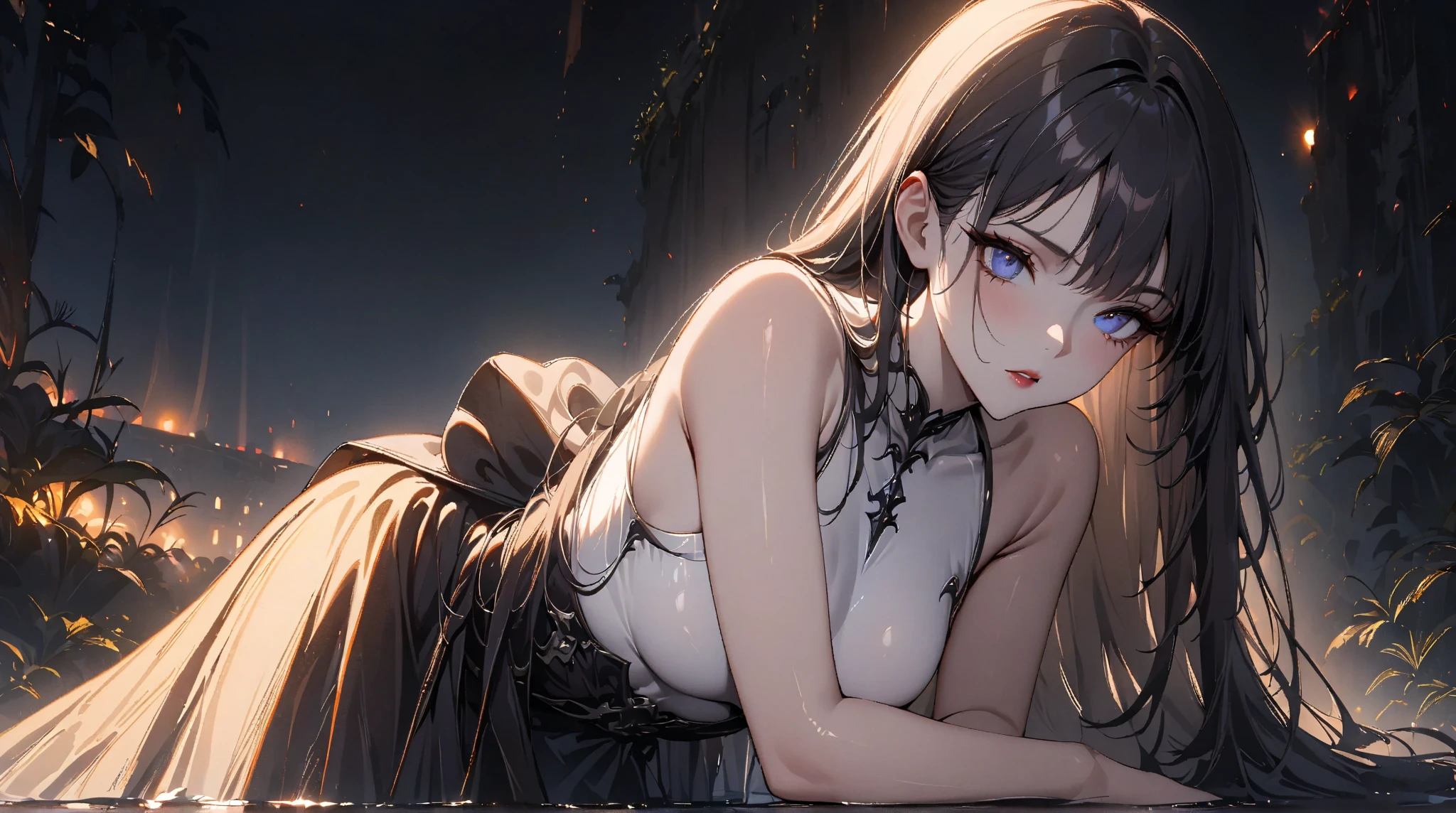 8k, complex, elegant, highly detailed, majestic, digital photography, denim lens, surrealist painting, broken glass, beating magic, winding lightning magic, (masterpiece, side light, fine beautiful eyes: 1.2), HDR, Void 5 energy lightning storm, (Chinese girl, black eyes: 1.5), pale skin, glowing skin, ( Sitting on a stone: 1.5), delicate face, black hair, wearing palatial blue armor, bare shoulders, navel, short skirt, fine blue armor, raining, beautiful, looking at the audience, facing the camera, masterpiece, upper body,