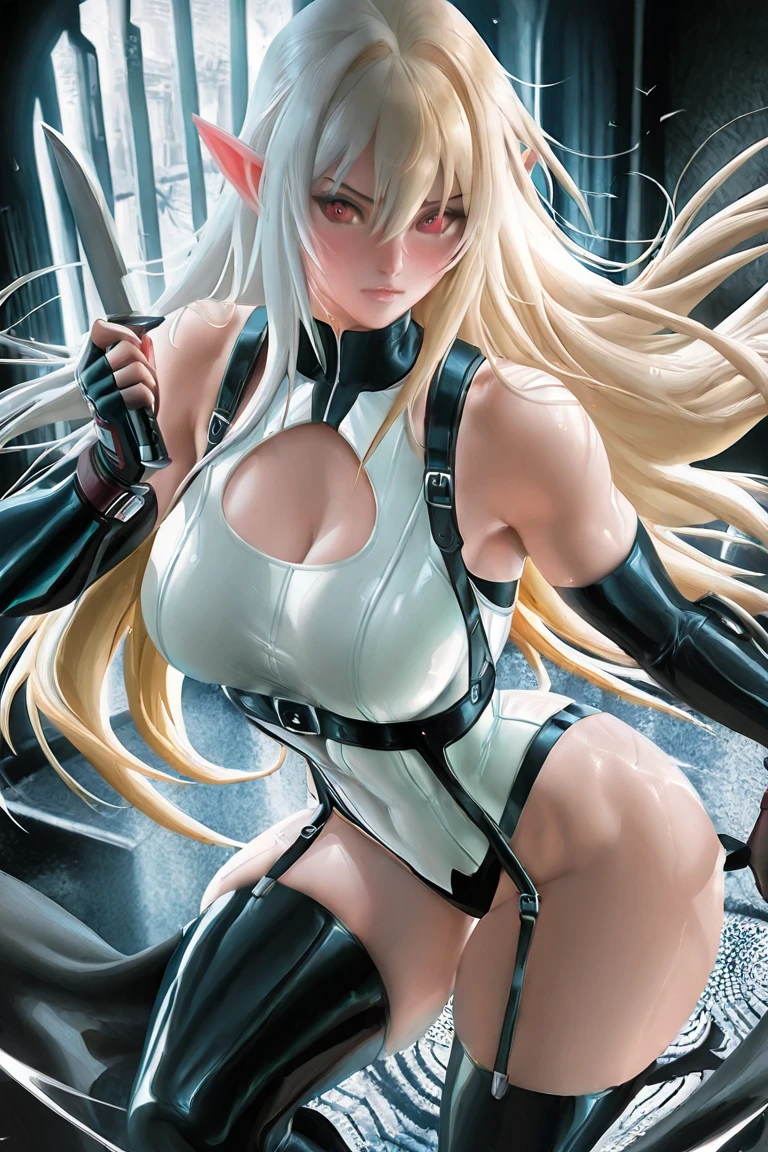 Cyberpunk, Cyborg beauty, Body partially mechanic, (high resolution, young blonde beauty), Very big, Very small micro underwear, protruding, Crotch wide open, shape clearly visible, Pubic area clearly visible, Crotch wide open, Wet and skin-sticking underwear, Lying on bed