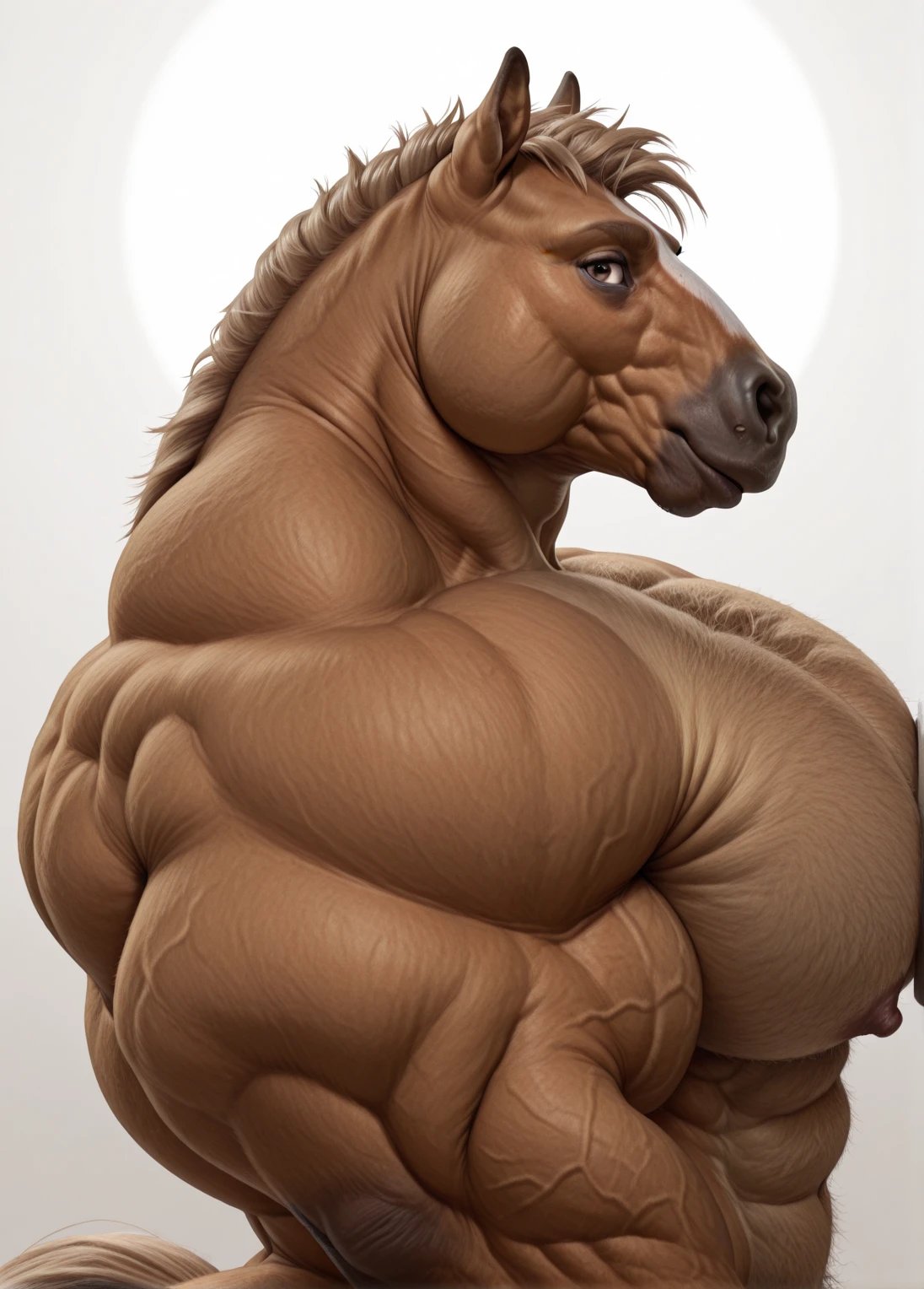 a furry male anthro White Horse standing with his hands behind his back. He is wearing underwear and is depicted in a simple background. The artwork should be in a front view perspective. The image should be of the best quality, with ultra-detailed features and a realistic, photorealistic style. The colors should be vivid and the lighting should create a professional and visually appealing effect. The inspiration for this artwork comes from artists such as thebigslick.
