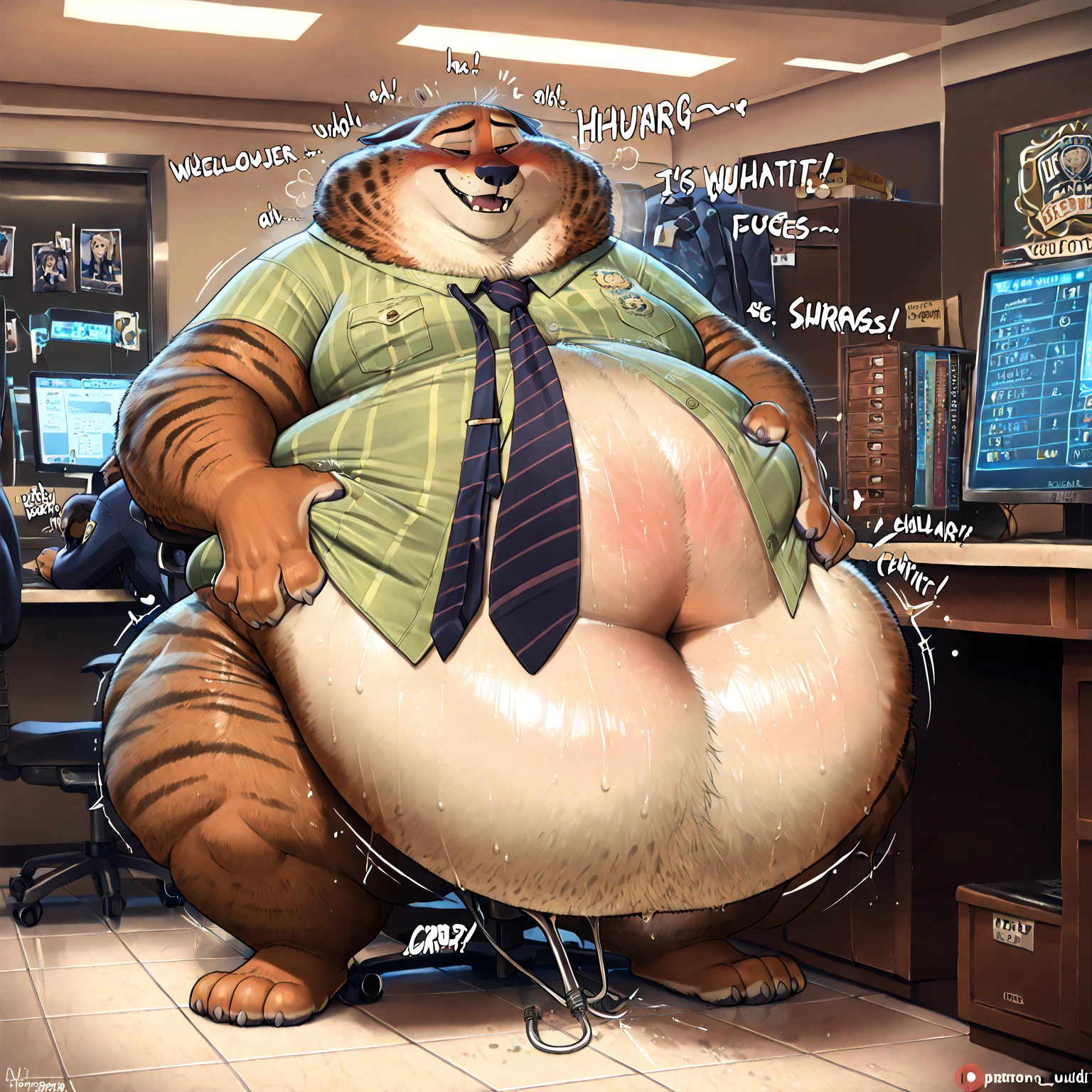 (masterpiece), (Best Quality), nsfw, his paws are on the chair、Zootopia's style, I'm sitting behind the ZPD reception desk The climax of being there、whispering from my trembling lips, his legs hold the counter tightly, There's a, empty front lobby, twitches, My upper body is sweaty and stretched out while wearing: thick, his striped shaft is pulsing violently, I opened in a separate file cabinet, blushed with burning embarrassment and semen erupted with a heavy rope drawing an arc on his exposed, Out of control, rapidly accumulates under his chair. his eyes are half covered, Inability to concentrate, his mouth is open、as his entire lower body shivers、polished tiles. The swollen knot is bent upwards, and his belly shakes as each convulsion wrings another thick spurt from his knot

the room is silent save for the slap of fluid hitting stone, the sound of a flickering monitor above his head, and、Wide range, The striped shaft is pulsing violently: 「... welcome to ZPD...」

Background: tie clinging to my neck under my desk, late night lighting, is open。, he sweats with glowing desk lights、his grotesque, oversized dog-shaped penis, spastic body, nails {x} professionalism that disappeared due to orgasm collapse