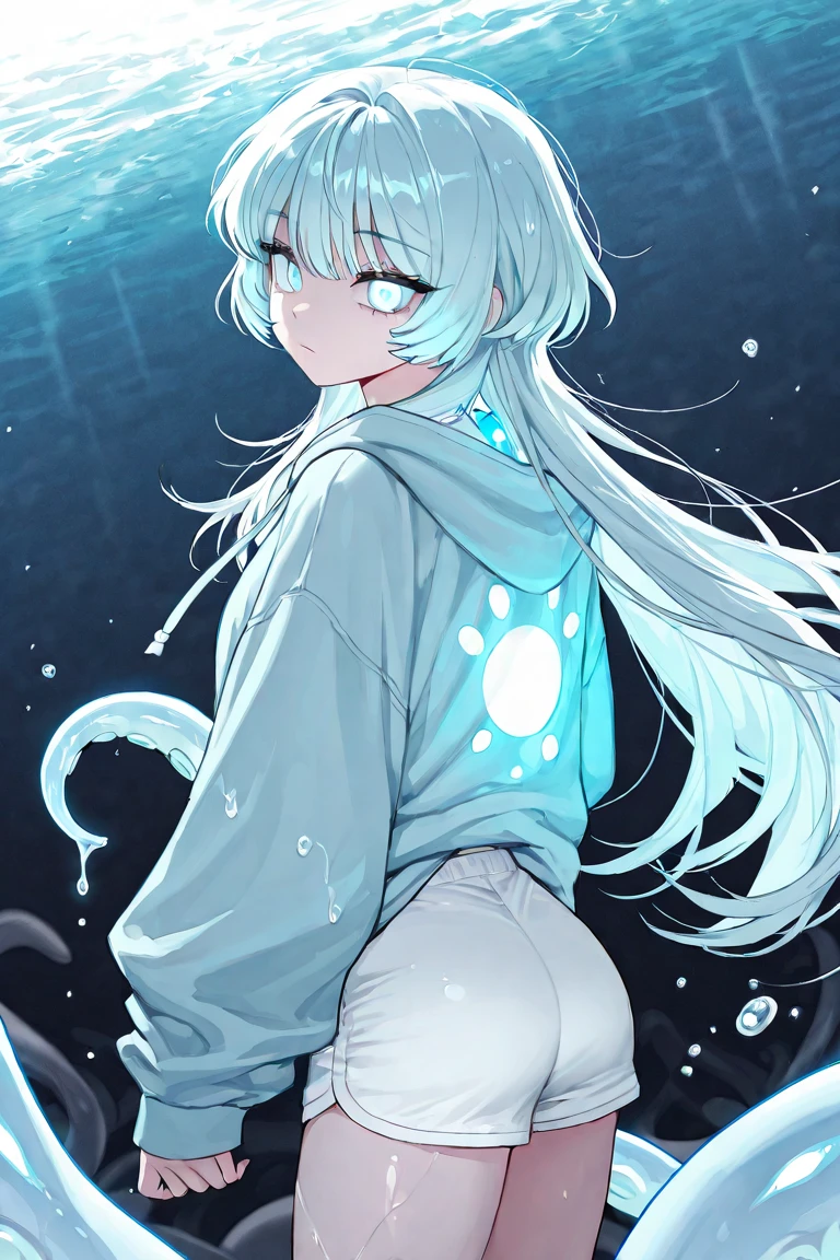 naked hoodie, 1girl, virtual youtuber, solo, tail, gawr gura, navel, blue eyes, multicolored hair, fish tail, hood, looking at viewer, smile, blush, bangs, blue hair, sitting, breasts, streaked hair, shark tail, hair ornament, grey hair, large breasts, animal hood, long sleeves, blunt bangs, blue hoodie, bandaid, choker, hood up, grin, grey background, collarbone, sharp teeth, bubble, shark girl, stomach, long hair, blue nails, shark hood,