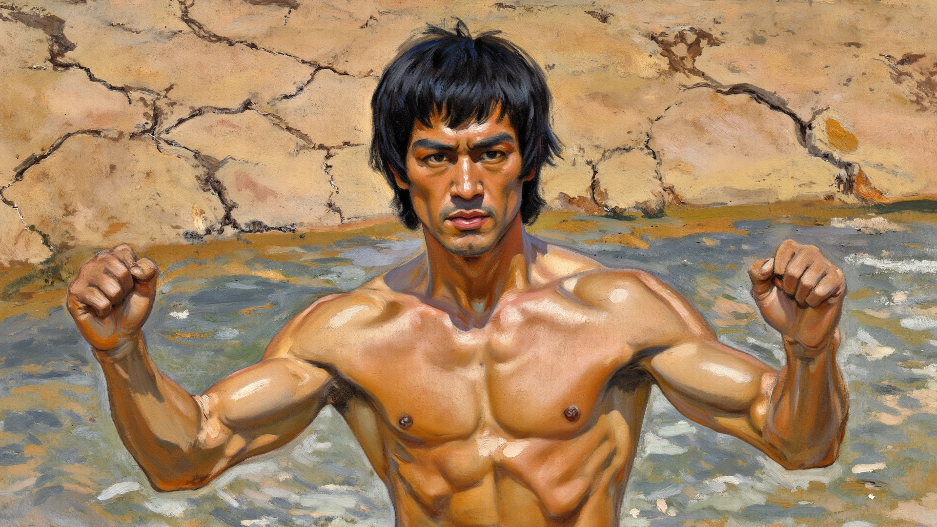 1980 portrait, bruce lee, barefoot, wet, bicep. high quality, dynamic angle, masterpiece, chest, oily, posing, a muscular man topless open legs, full body shot, body, dirty, dark skin, detailed skin, masterpiece, best quality, highres, realistic, fudanshi, steaming