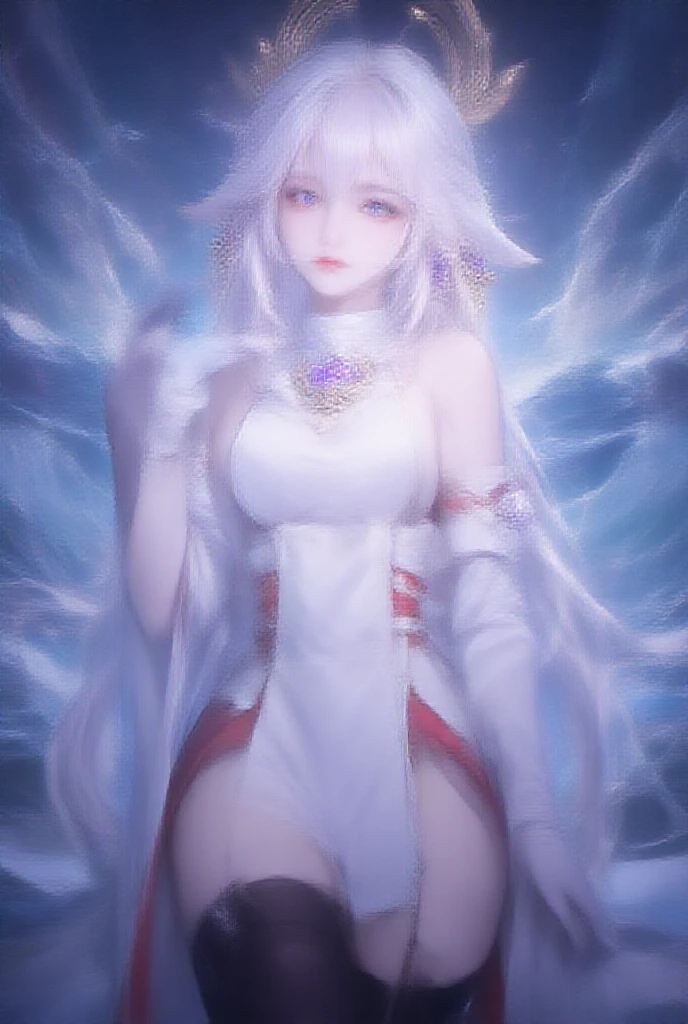 Lovecraftian goddess, white medium hair, beautiful white eyes, mysterious smile, ancient pure white and white robe, arms wide open drawing ancient symbols, from back, looking afar, average chest size, upper body, pure white background