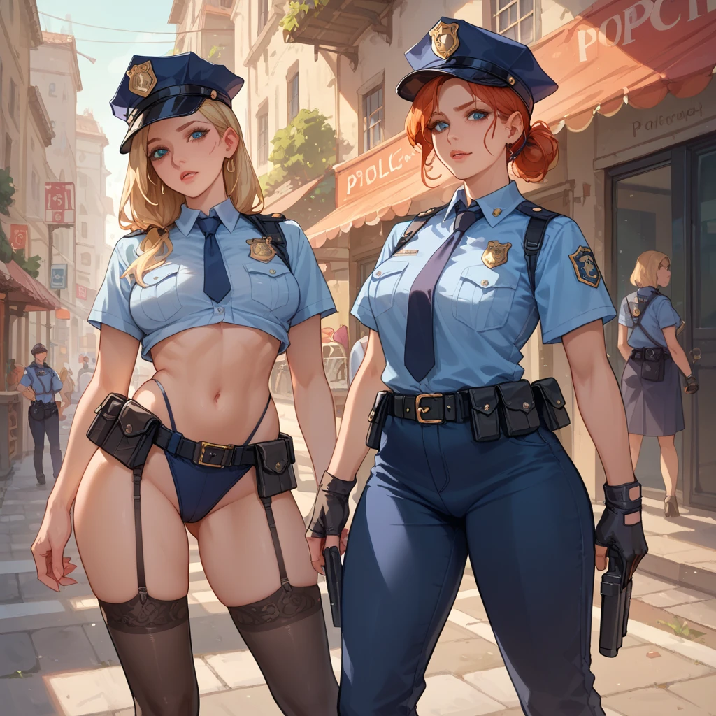 There is a woman in a police uniform, official, police official, (Yoshida Yuuko), relaxed police, Attire: cop, redhead woman, yoshida yuuko wearing a police uniform, high resolution commission, sheriff woman, Lois van Baarle y Rossdraws, bottomless, leotard blue, bare legs, standing, (((his hands are behind his body)),((The whole body is tightly bound.)) in dungeon,