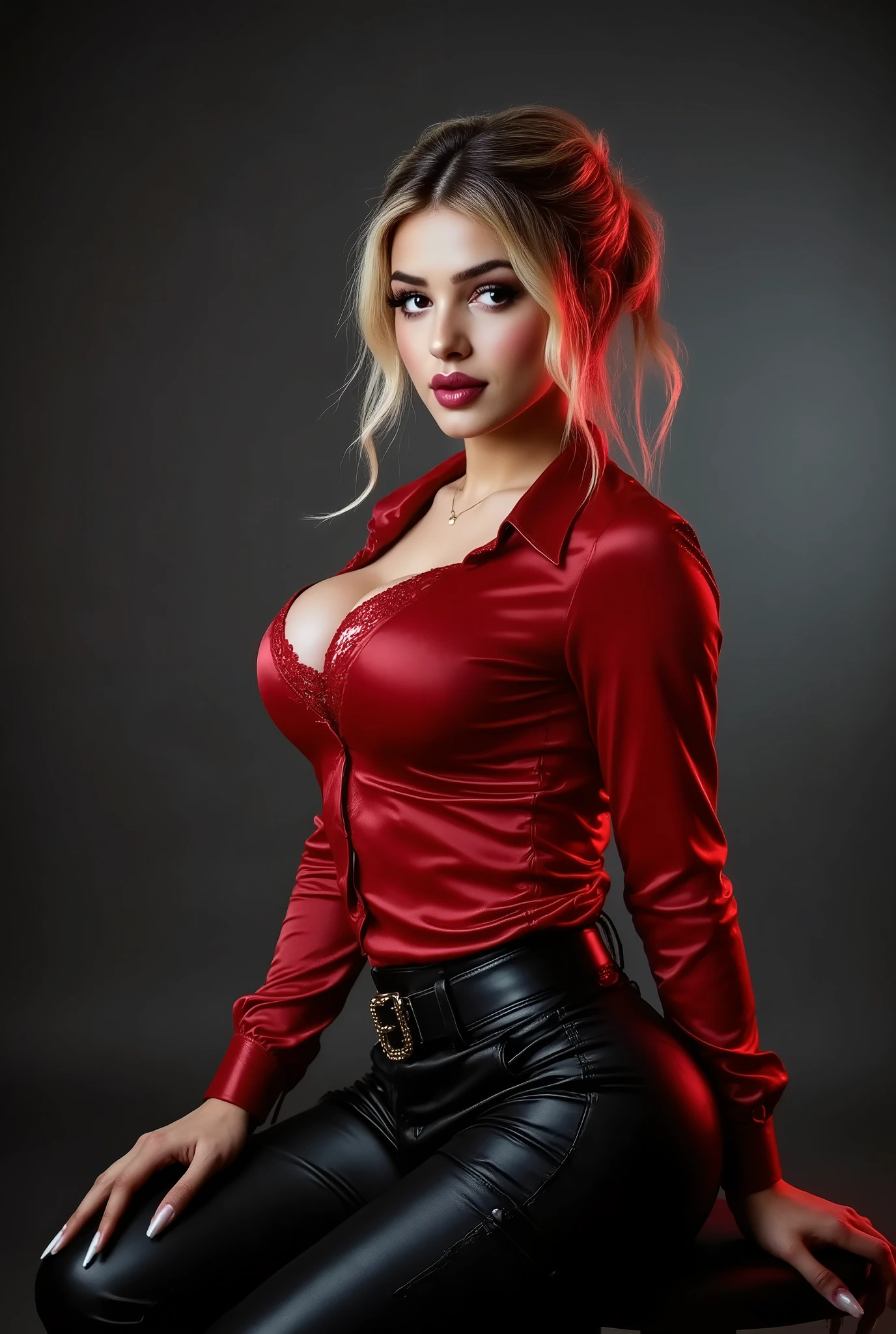 (masterpiece, perfect eyes, photorealistic, intricate details, hi-res, 8k) portrait of girl standing in bar, soft even lighting, 20 years old, beautiful woman, looking at viewer, full body view, piercing brown eyes, shiny red skirt and blouse, high thigh boots, stockings with belts and garter, cleavage, small perky breasts, large hips, sexy pose, lots of ghetto tattoos all over her arms and legs and chest and stomach, hips,very large thighs gap, very small shoulders, twintails, shy smile, red lipstick,