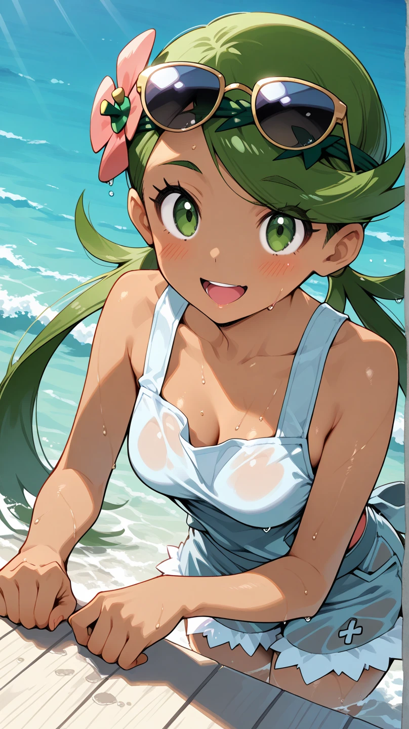 (obra maestra, mejor calidad, high resolusion: 1.4), cuerpo completo, 1girl, ojos verdes, Highneck swimsuit , Al aire libre , Playa,(sonrisa, feliz, rubor de cara completa: 1)