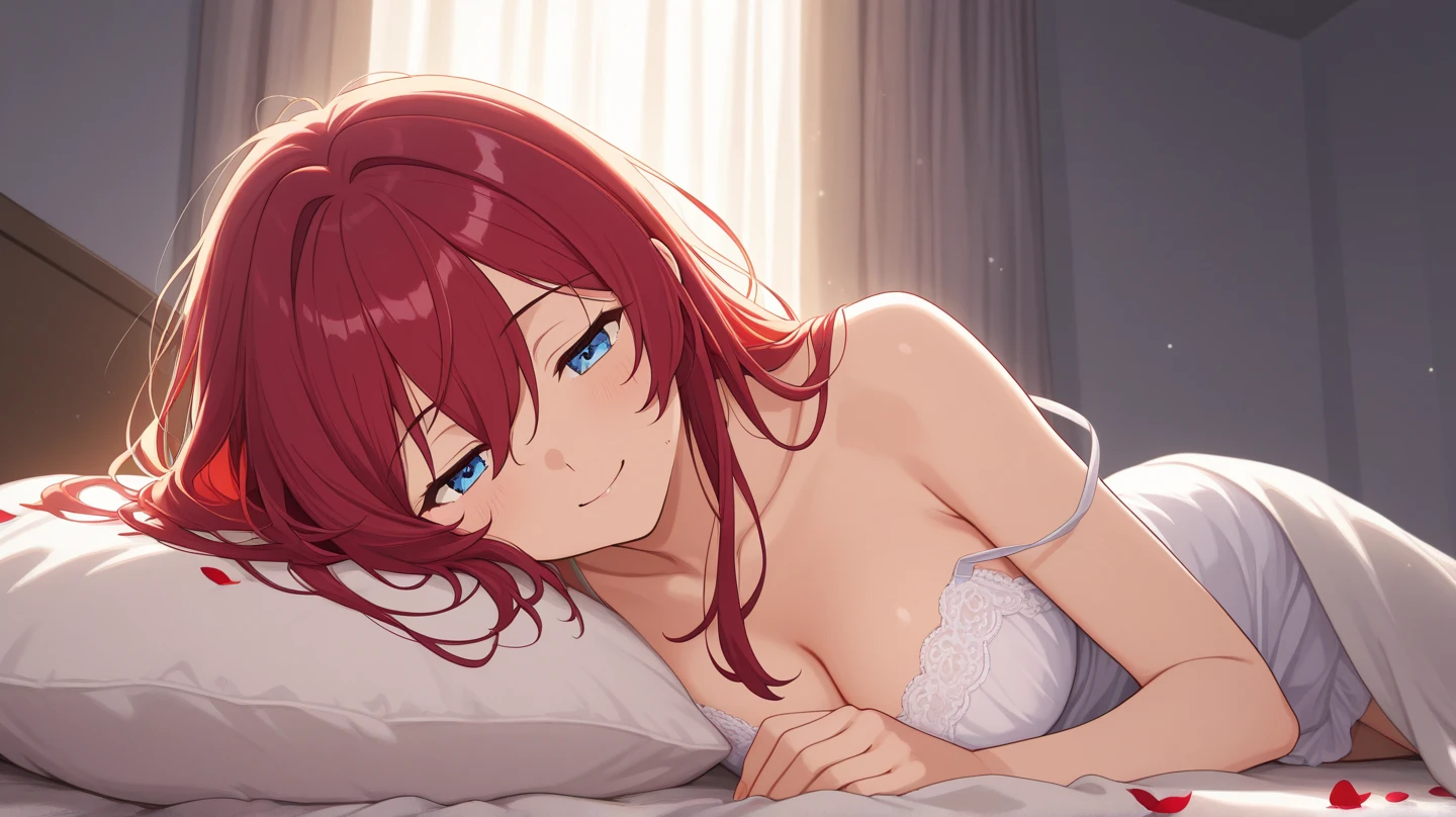 elysia, long ginger hair, beautiful face,smiling,close up upper body, moderate breast, sitting on bed, wearing beautiful white sleepwear, (open mouth:0.4),illustration,detailed textures(realists),ultra-detailed,portrait style,vivid colors,soft lighting, blushing, mature, no bras, full body, sexy, lingerie, tights, lying on all fours, ass, back