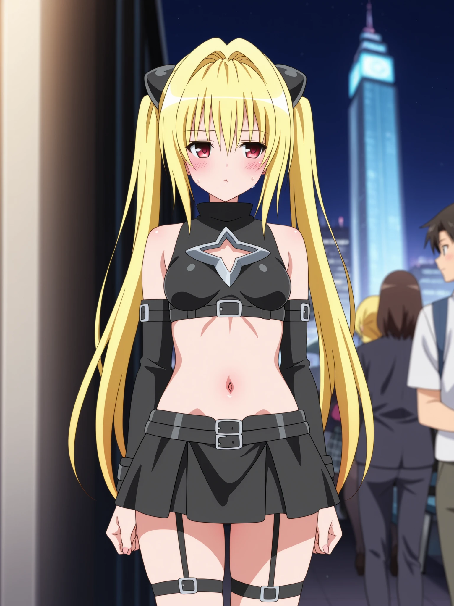 Close-up shots of sexy parts. Glamorous skin, Delicate, Wet skin feel, Busty elements, Sweat drops, Very delicate depiction of hair, Small breasts, Dynamic poses. Breasts, (masterpiece, top quality), very beautiful, Absurd, highly detailed CG unity 8K wallpaper, Spanish illustration, (glamorous look), anime style 4k,, anime moe art style, anime art wallpaper 4K, high quality anime art style,CUTE ANIME GIRL, depth of field, perfect hands, nice, familiar with digital animation art, anime art wallpaper 8k,,, 5_ others, 4_ others, 1_ parents also viewed, Face in love, blush, half closed eyes,
ToLOVEる ダークネス / 金色の闇 (Konjiki no Yami)
Prompt:
Yami reclines on a sleek metal bench atop a skyscraper at midnight, her lithe yet curvaceous frame draped in a revealing black outfit, the four-pointed star-shaped cutout exposing her massive, glistening breasts, captured in a close-up shot that highlights their heaving fullness. Her yellow hair, styled in thin twin tails, flows beneath the black hood, with her long back hair cascading over the bench’s edge, shimmering under the city lights. Her red eyes smolder with a mix of cold detachment and simmering lust, her lips parted in a subtle pout. The black arm covers from elbow to wrist glisten with a faint sheen, and her exposed midriff reveals a delicate navel, framed by the tight fabric. Her green checkered skirt is replaced by a short black one, hiked up to showcase her creamy thighs, with the black leg garter belt on her left leg adding a provocative accent. She lies on her side, one hand tracing her navel in a tight close-up, her thighs slightly parted. The low-angle shot from her hips upward amplifies her commanding yet vulnerable allure, with the neon cityscape casting erotic shadows across her body.