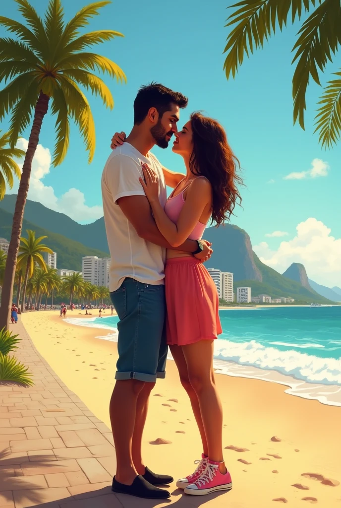 A girl with long light brown hair, wearing a long sleeved blouse, a pair of pink jeans.
She is kissing an Indian boy, he has short black hair, he is strong and they are in Rio de Janeiro