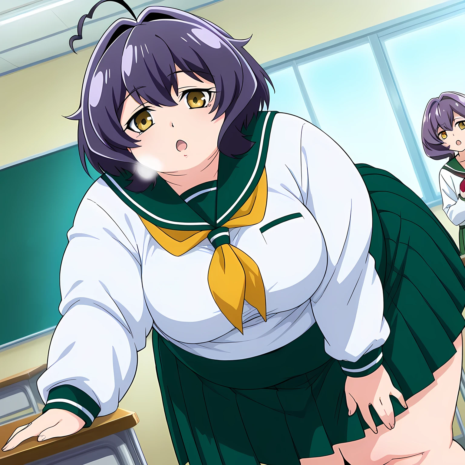 (masterpiece, best quality:1.2), 1girl, solo, chuby,plump,gigantic breasts,thick tighs,wide hip,brack hair,twintail,eye glasses,yellow eyes,school_uniform, full body view, classroom, sitting on desk, spread legs, panties, cameltoe, Wet legs,