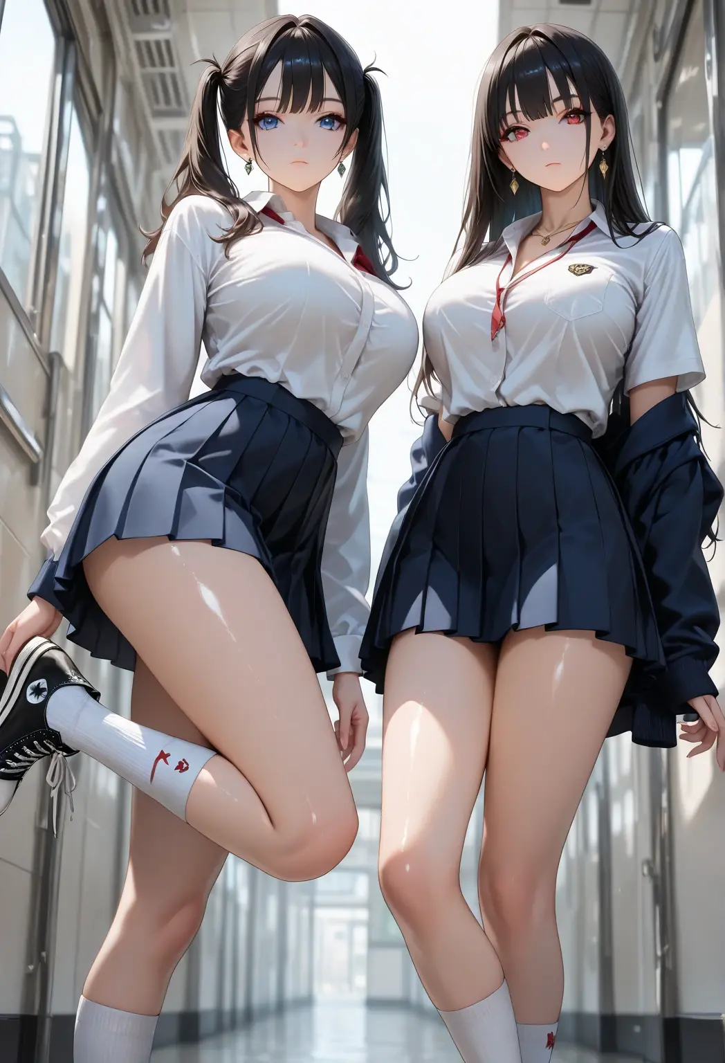 ((masterpiece, Highest quality, High resolution, 超High resolution, Pixel perfect, Written boundary depth, 4K, RTTX10.0, High resolution))), (3 adult women:1.3), Beautiful Anime Woman, Beautiful art style, Anime characters, ((Long Hair, bangs, Dark brown hair, ponytail)), ((Beautiful eyelashes)), ((Detailed face, blush:1.2)), ((Smooth texture, Realistic texture, Anime CG style)), Perfect body, Slender body, Exact finger count、Exact number of legs、Exact number of arms, (blush:1), (Three women standing with their skirts lifted, The women on either side stand next to the woman in the middle:1.2), ((white stylish shirt, Checked skirt:1.2)), Knee-high socks, (Raise your skirt yourself:1), Realistic, Slender body, Highest quality, High resolution, Very detailed face, Perfect lighting, Highly detailed CG, (Perfect hands, Perfect Anatomy), Embarrassed expression, (Station platform:1.3), whole body, ((Stylish white satin panties:1.2)), (Exquisitely designed luxury underwear for adults, High resolution image of panties), Angle from the rear, Recall