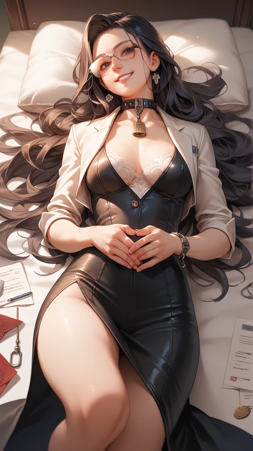 from below, beautiful woman, cool and sadistic, amorous and lewd face, looking down with a cold gaze, make-up, beautiful messy hair, great proportion, wearing suits, choker, sitting proudly on the sofa, (ultra detailed, absolutely resolution, best quality:1.3), 2.5D, delicate and dynamic, shading effects, hyper realistic, artistic photography, graphic CG digital art