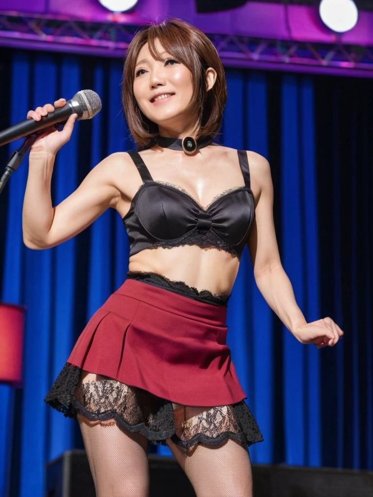 quality,masterpiece,Ultra-high resolution,(Actual:1.4),Original photo,Ultra-high resolution，8k，Wearing Nogizaka46 spo_bra , stage sport_bra costume，Flashy makeup using red eyeshadow，Big smile，Delicate brown hair short cut，High school girl live costumes of Nogizaka46s spo_bra , Uniform Mini Skirt，Live costumes: High School Bikini，She is jumping with her skirt rolled up，Two girl idols，Concert Venues,