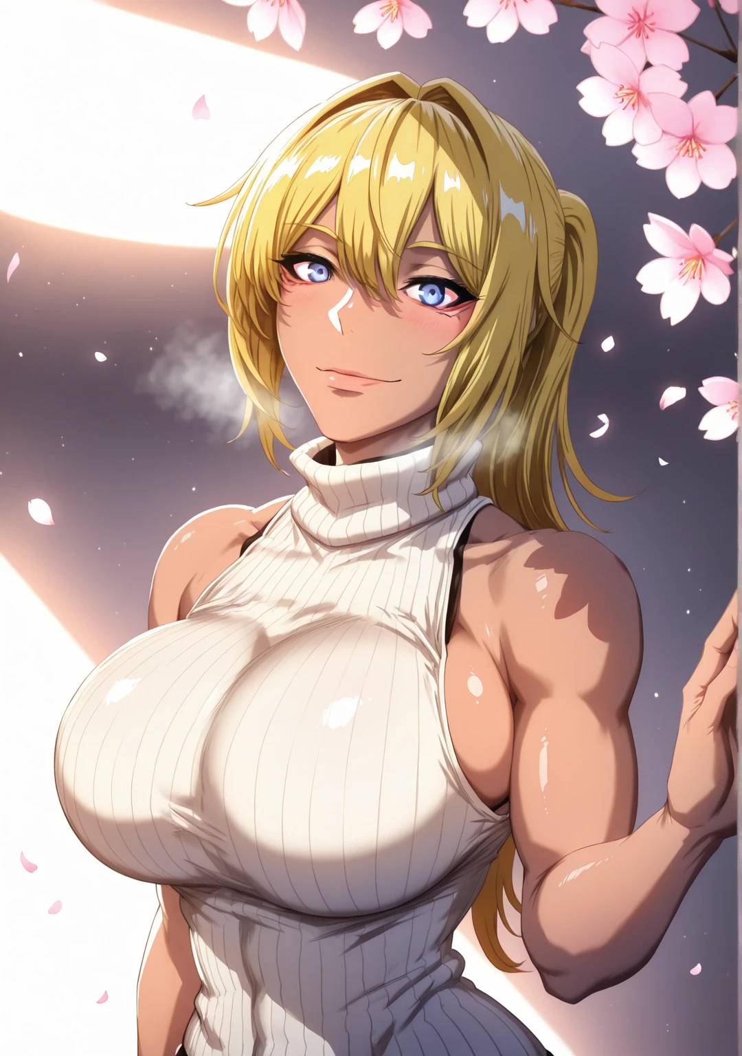 (puripuri_jet-style:1.4), (kunaboto-style:1.2), (shiroshisu-style:1.4), ((Cinematic, unreal engine, eye-catching, ambient occlusion, UHD, masterpiece)), ((dim lighting, soft shadow)), comic, score_9, score_8_up, score_7_up, score_6_up, score_5_up, score_4_up, uncensored, detailed background, vignetting, high quality, absurdres, best quality, very aesthetic, newest, digital art, trending on ArtStation, ((anatomical correct)), perfect body, perfect eyes, perfect fingers, gasping, heavy breathing, gasping profusely, ((skindentation)), ((curvy)), bertrand, dark skin, dar-skinned female, long hair, blonde hair, ponytail, hair between eyes, bangs, blue eyes, big breasts, plum, 1girl, breasts, solo, looking_at_viewer, turtleneck, sweater, sleeveless, smile, ribbed_sweater, bare_shoulders, cherry_blossoms, sleeveless_turtleneck, blush, turtleneck_sweater, upper_body, hair_intakes, closed_mouth, alternate_costume, white_sweater, flower, sleeveless_sweater, parted lips falling petals, shaded face