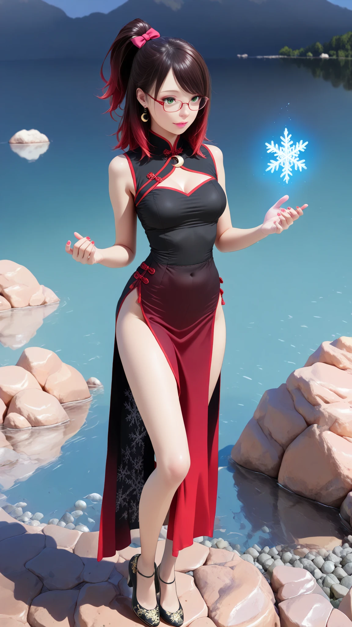 Kujou sara,red dress, white fur,((see through)), extremely detailed,grinning, realistic anime, red heels, (((Christmas))), wide hips, 20 year old woman,((( standing))), purple hair, belly cutout