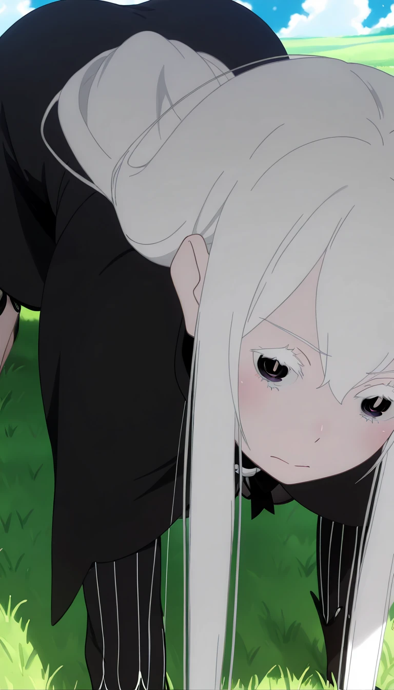 (masterpiece:1.2, best quality), 1 girl, solo, <lora:Echidna:0.7>, echidna, black dress, large breasts, sidelocks, white long hair, hair ornament, long sleeves, pale skin, black high heels, legs, <lora:concept_shinjichair:1>, shinjichair, sitting, head down, white background,