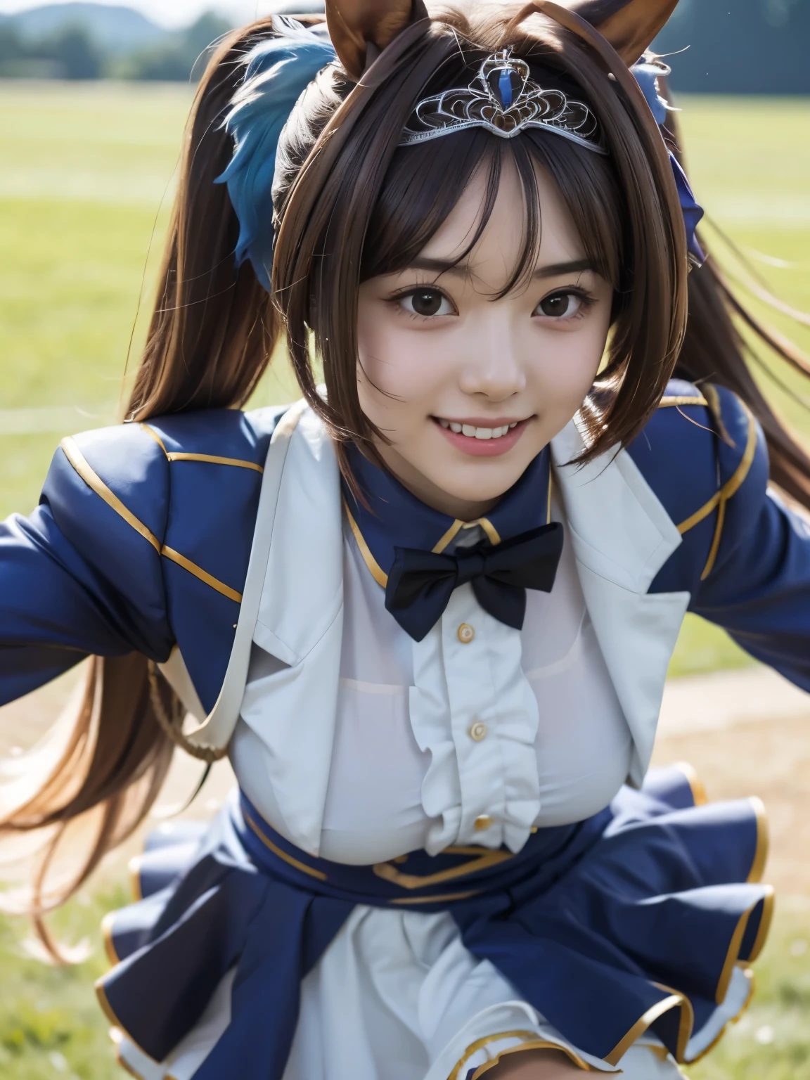 1girl, solo, cute japanese girl, idol, high school girl, (smile:1.2), natural makeup, highlighting her clear skin and subtle eye shadow,
BREAK
(close up:1.5) , (running:1.5), stylish pose, active pose, dynamic angle.
BREAK
huge breasts, sagging breasts, nipples under clothes,
BREAK
(film grain:1.5), 8K raw photo, Best quality, masterpiece, ultra high res, (photorealistic:1.4), professional lighting, (16k, RAW photo, best quality, masterpiece:1.2), (realistic, photo-realistic:1.4), (extremely detailed 16k wallpaper), sharp focus, depth of field, blur background, bokeh, cinematic lighting, soft light, 
BREAK
daiwadef, twintails, tiara, horse ears, horse tail
BREAK
underbust, center frills, bowtie, epaulettes, long sleeves, skirt, thighhighs, ((naked clothes, sheer clothes)),
BREAK
in the Racecourse