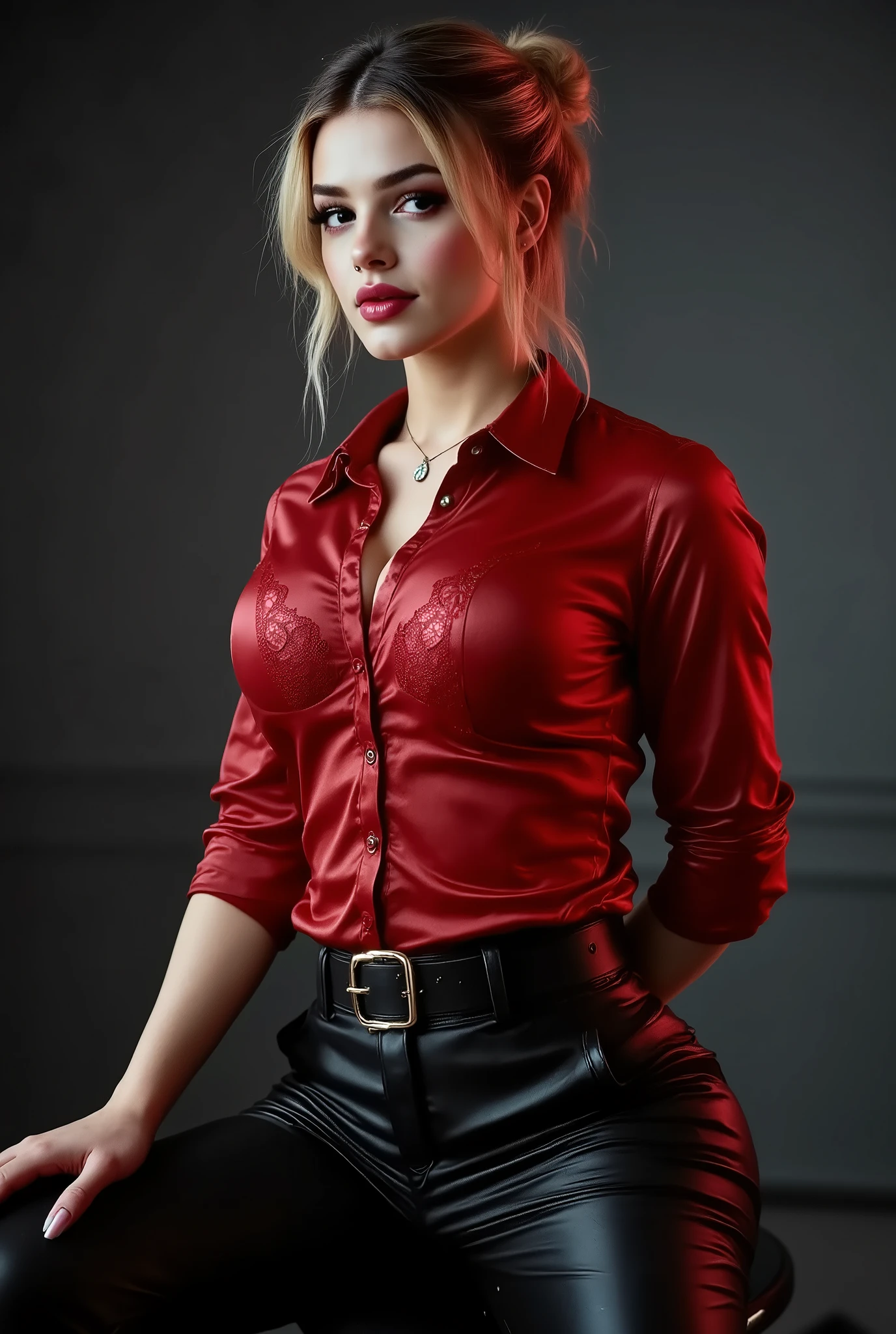 Angellica Good, gorgeous model with a shiny red satin on down shirt with a lace flower bra underneath, low hanging necklace, loose leather cargo pants and a big belt, updo hair, sitting on a stool, power pose, professional photoshoot, dark grey studio background