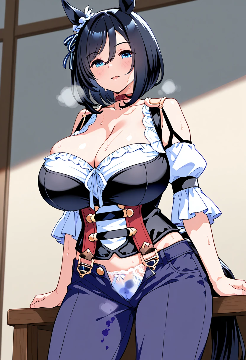 (masterpiece, best quality, perfect hourglass figure, wide waist, blush), busty, portrait, perfect face, flawless eyes, empty gradient background, beautiful lips, full lips, <lora:add_detail:-0.1>, (arms behind back), perfect waist, cowboy shot, perfect hips, (huge breasts, saggy breasts), wide smile, <lora:sanpaku-eyes-v2:0.8> , sanpaku, white eyes, <lora:Dskin_v1.0:0.2> , tan, dark skin, brown skin, messy blue hair, <lora:horizon:1> , pelvic curtain, china dress, breast curtains, navel