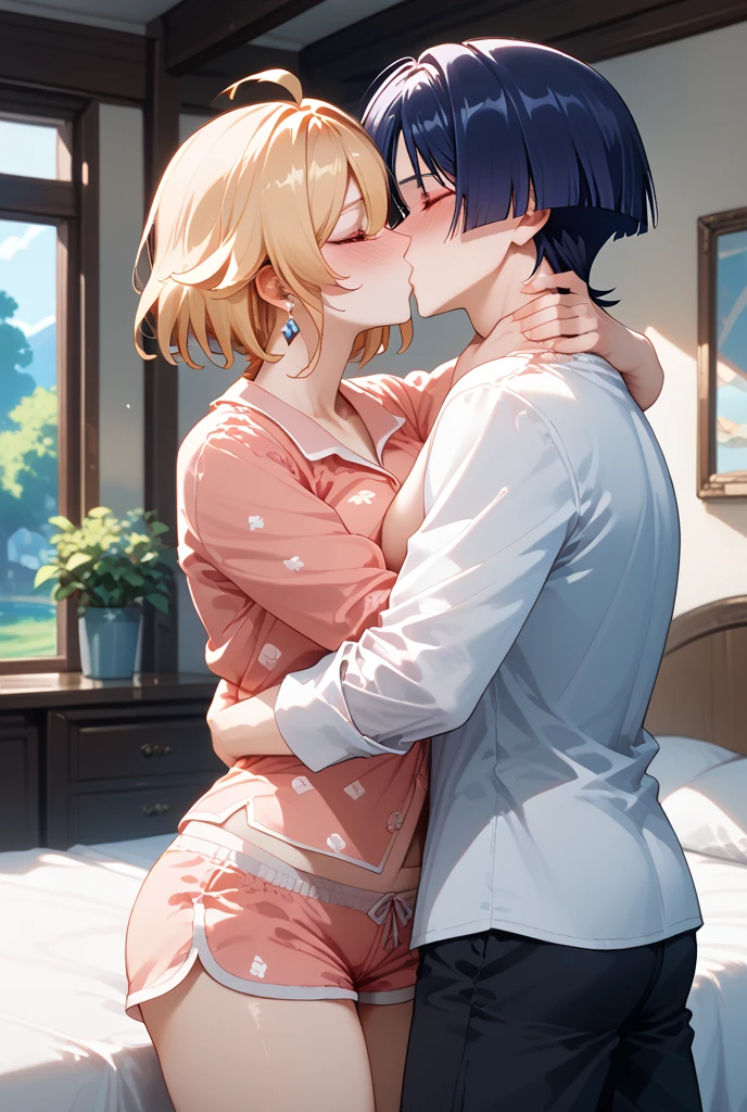 score_9, score_8_up, score_7_up, source_anime, 1boy, 1girl, in a sexy red negligee, necklace, kid, kissing , romantic, night time, in the living room, against the wall