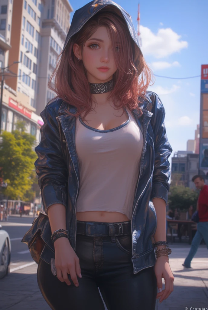 photorrealistic, ultra realistic,3d, art station, CG Society, 8K,
award-winning photograph of a beautiful woman walking in the park, (lo fashion), (multicolored hair:1.2), cheekbones, face detailed, Decorated with jewels, a beautiful long leather jacket, torn jeans, topless, (exquisitely detailed skin, Perfect Anatomia, Broad Hips, smooth belly, tight slit), colored sunglasses, Vibrant, pussy