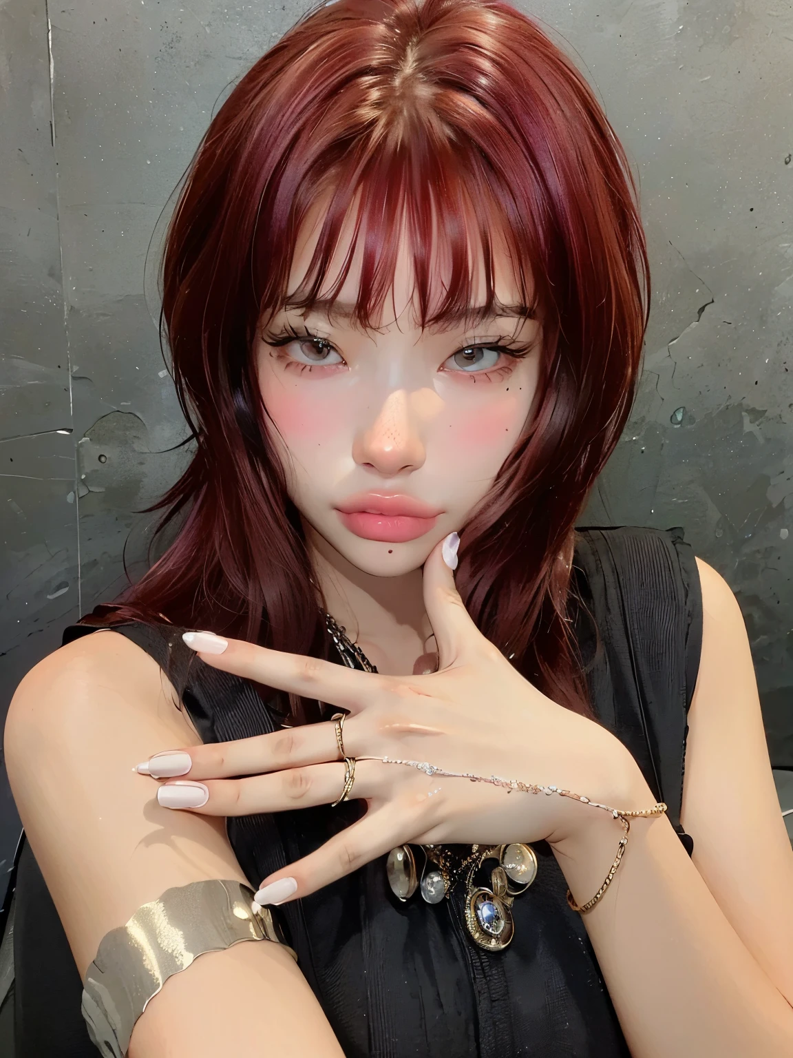 Small, slanted eyes Jenni Blackpink HD with cute lips and huge, an Asian adult woman , beautiful hair, Arms pretty , seios grandes , fleshy lips, olhos bonitos, olhos bem bonitos, cabelo bem vermelho