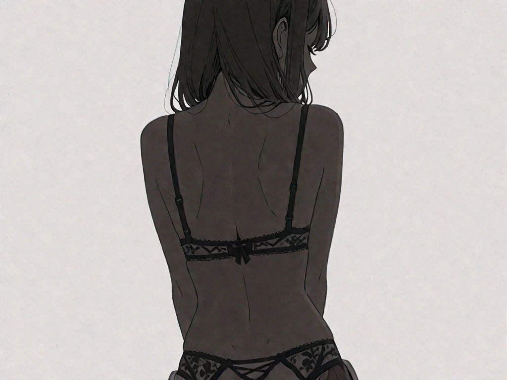 Fastening bra straps, rear view composition, woman, line drawing, black and white, japanese
, hands around back, removing bra