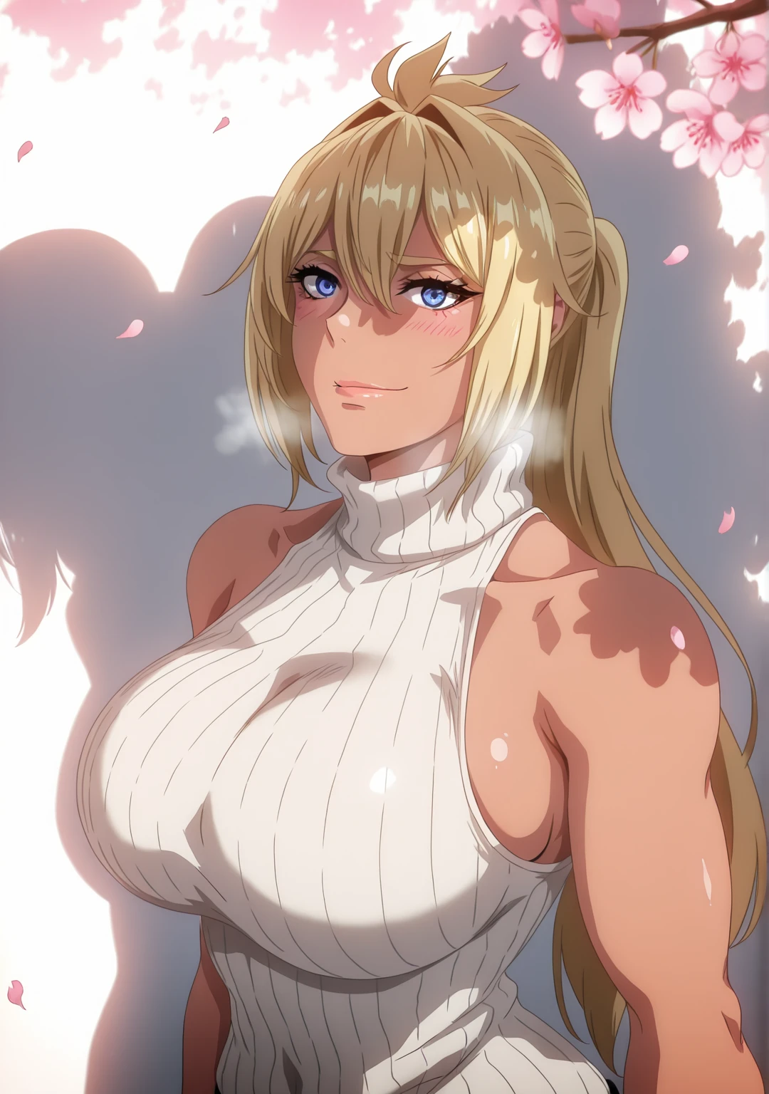 (puripuri_jet-style:1.4), (kunaboto-style:1.2), (harayutaka-style:1.4), ((Cinematic, unreal engine, eye-catching, ambient occlusion, UHD, masterpiece)), ((dim lighting, soft shadow)), comic, score_9, score_8_up, score_7_up, score_6_up, score_5_up, score_4_up, uncensored, detailed background, vignetting, high quality, absurdres, best quality, very aesthetic, newest, digital art, trending on ArtStation, ((anatomical correct)), perfect body, perfect eyes, perfect fingers, gasping, heavy breathing, gasping profusely, ((skindentation)), ((curvy)), bertrand, dark skin, dar-skinned female, long hair, blonde hair, ponytail, hair between eyes, bangs, blue eyes, big breasts, plum, 1girl, breasts, solo, looking_at_viewer, turtleneck, sweater, sleeveless, smile, ribbed_sweater, bare_shoulders, cherry_blossoms, sleeveless_turtleneck, blush, turtleneck_sweater, upper_body, hair_intakes, closed_mouth, alternate_costume, white_sweater, flower, sleeveless_sweater, parted lips falling petals, shaded face
