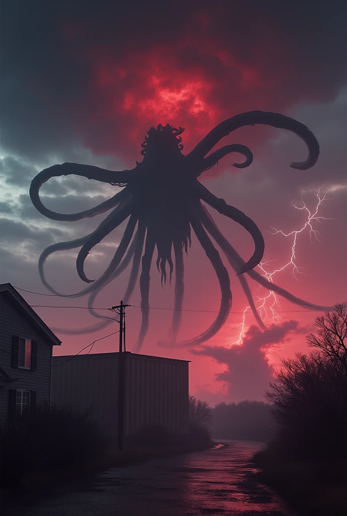 make a canvas painting of the series stranger things, with the “mind flayer” in the sky