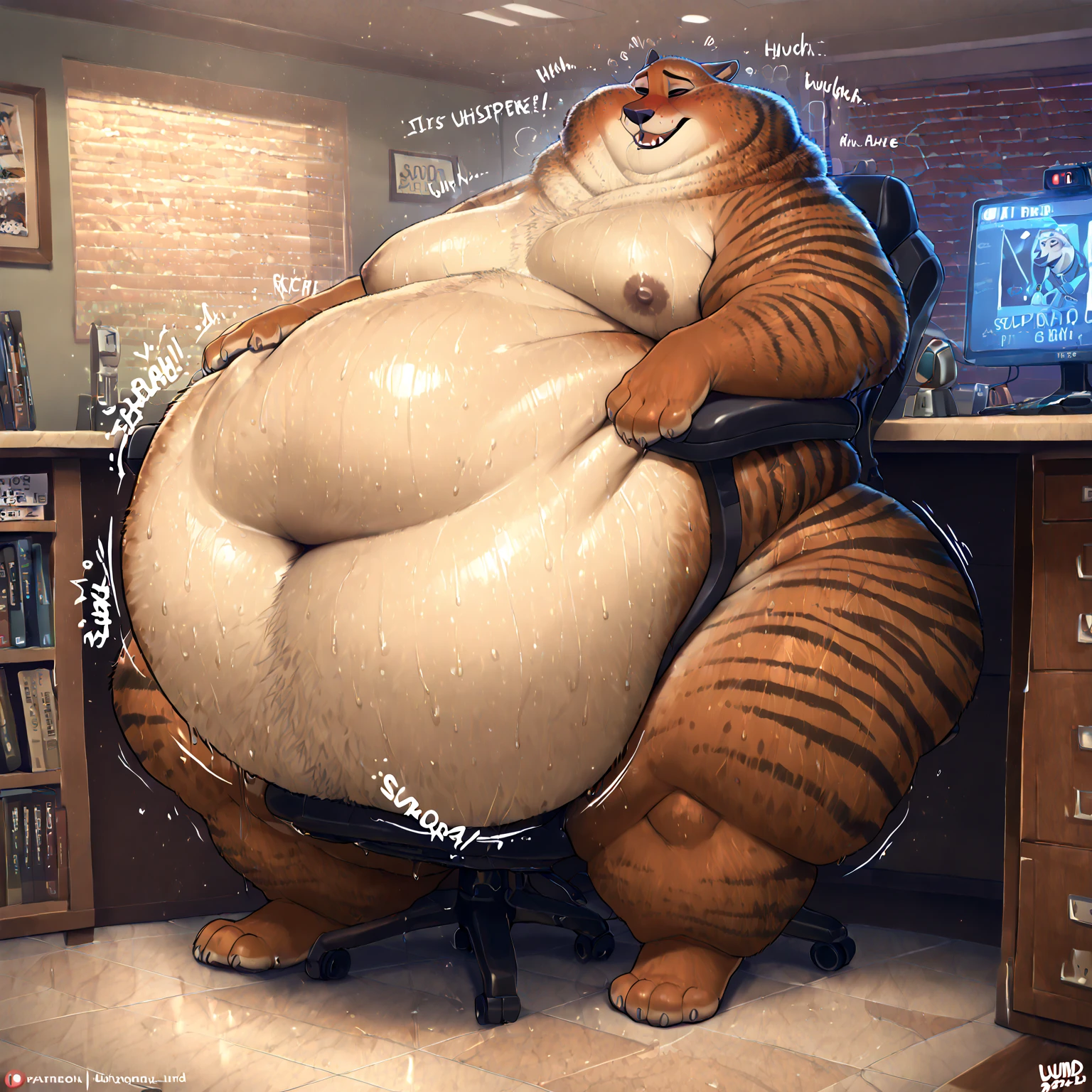 (masterpiece), (Best Quality), nsfw, his paws are on the chair、Zootopia's style, I'm sitting behind the ZPD reception desk The climax of being there、whispering from my trembling lips, his legs hold the counter tightly, There's a, empty front lobby, twitches, My upper body is sweaty and stretched out while wearing: thick, his striped shaft is pulsing violently, I opened in a separate file cabinet, blushed with burning embarrassment and semen erupted with a heavy rope drawing an arc on his exposed, Out of control, rapidly accumulates under his chair. his eyes are half covered, Inability to concentrate, his mouth is open、as his entire lower body shivers、polished tiles. The swollen knot is bent upwards, and his belly shakes as each convulsion wrings another thick spurt from his knot

the room is silent save for the slap of fluid hitting stone, the sound of a flickering monitor above his head, and、Wide range, The striped shaft is pulsing violently: 「... welcome to ZPD...」

Background: tie clinging to my neck under my desk, late night lighting, is open。, he sweats with glowing desk lights、his grotesque, oversized dog-shaped penis, spastic body, nails {x} professionalism that disappeared due to orgasm collapse