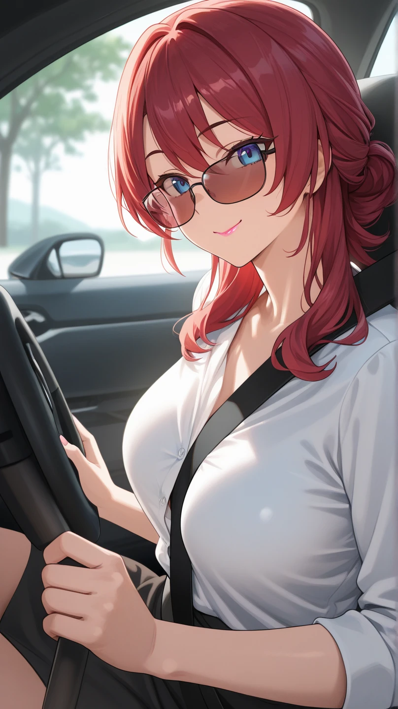 M-shaped spread legs、pussy juice、whole body、8K, best quality, master piece, ultra-detailed, Super Short Hair、pale red hair、Straight Hair、、double eyelid eyes、Pale blue eyes、 、whole body、exposed、small breasts、Inside the car、inside the car、パンティをexposedしている、show your breasts、wearing a blouse、blush、、skirt、M-shaped spread legs、性器exposed、lower body nude、spread your legs、not wearing pants、pussy juice、 panty lift、 show off pussy、panting expression、Look like you're about to cum