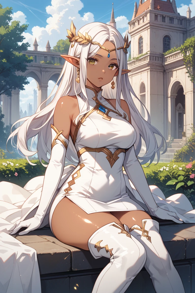 4K,High resolution,One Woman,Dark Skin Elf Big ,Princess、Hide her breasts,,,Heavy Armor,White shoes,Satin Long Gloves,,in the forest　Knee-high socks、Long white elbow gloves, 