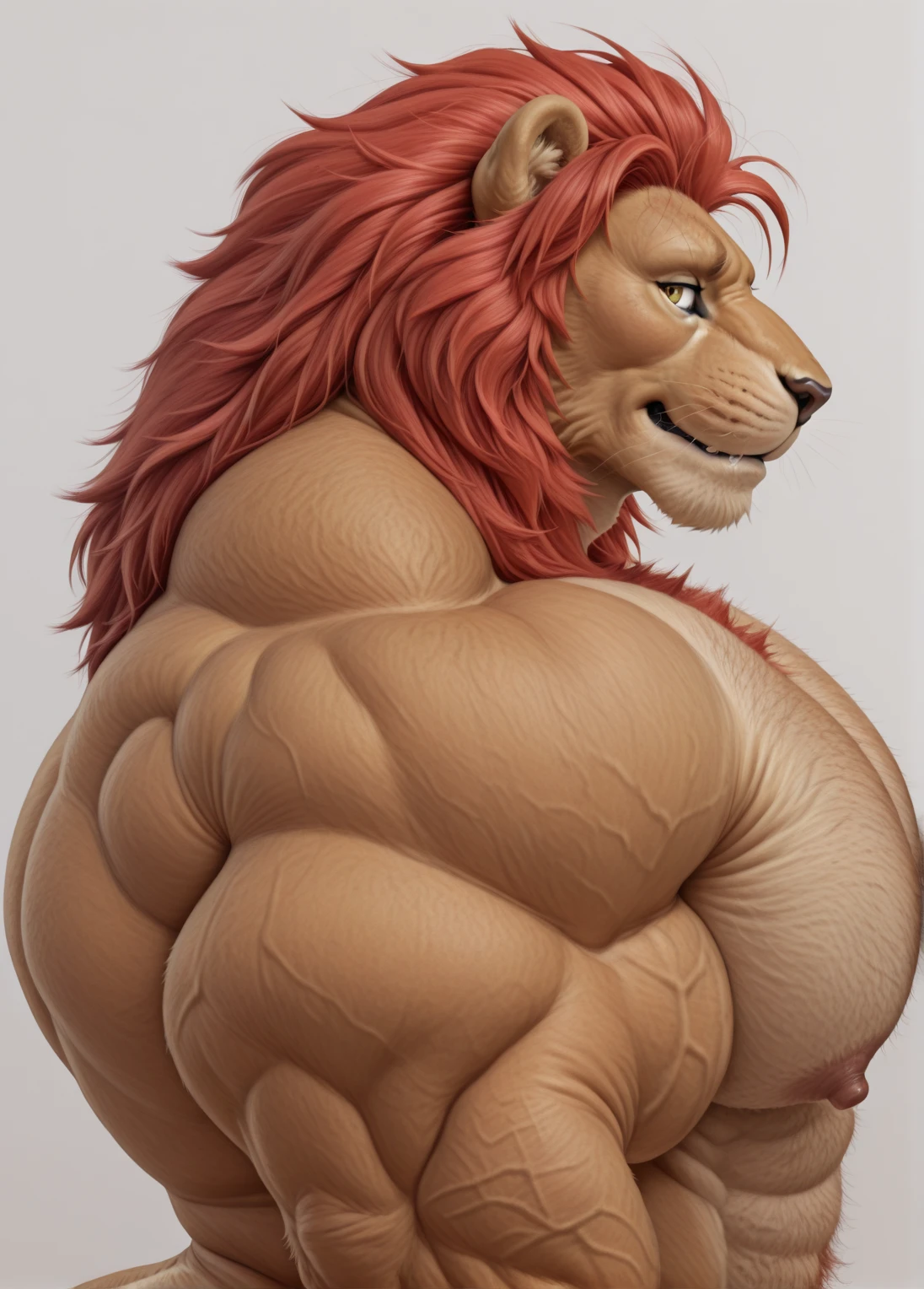 a lion with a long blonde and red mane, beautiful detailed eyes, braided black beard, realistic hand, long fur, tight jockstrap, in a bathroom, image in comic form where the lion becomes bigger and bigger quickly after drinking a sugary drink, he ends up extremely obese, photorealistic, highly detailed, 8k, ultra-realistic, HDR, studio lighting, physically-based rendering, cinematic lighting, dramatic lighting, warm color tones, vibrant color, correct anatomy, correct eyes, correct hands, correct comics
